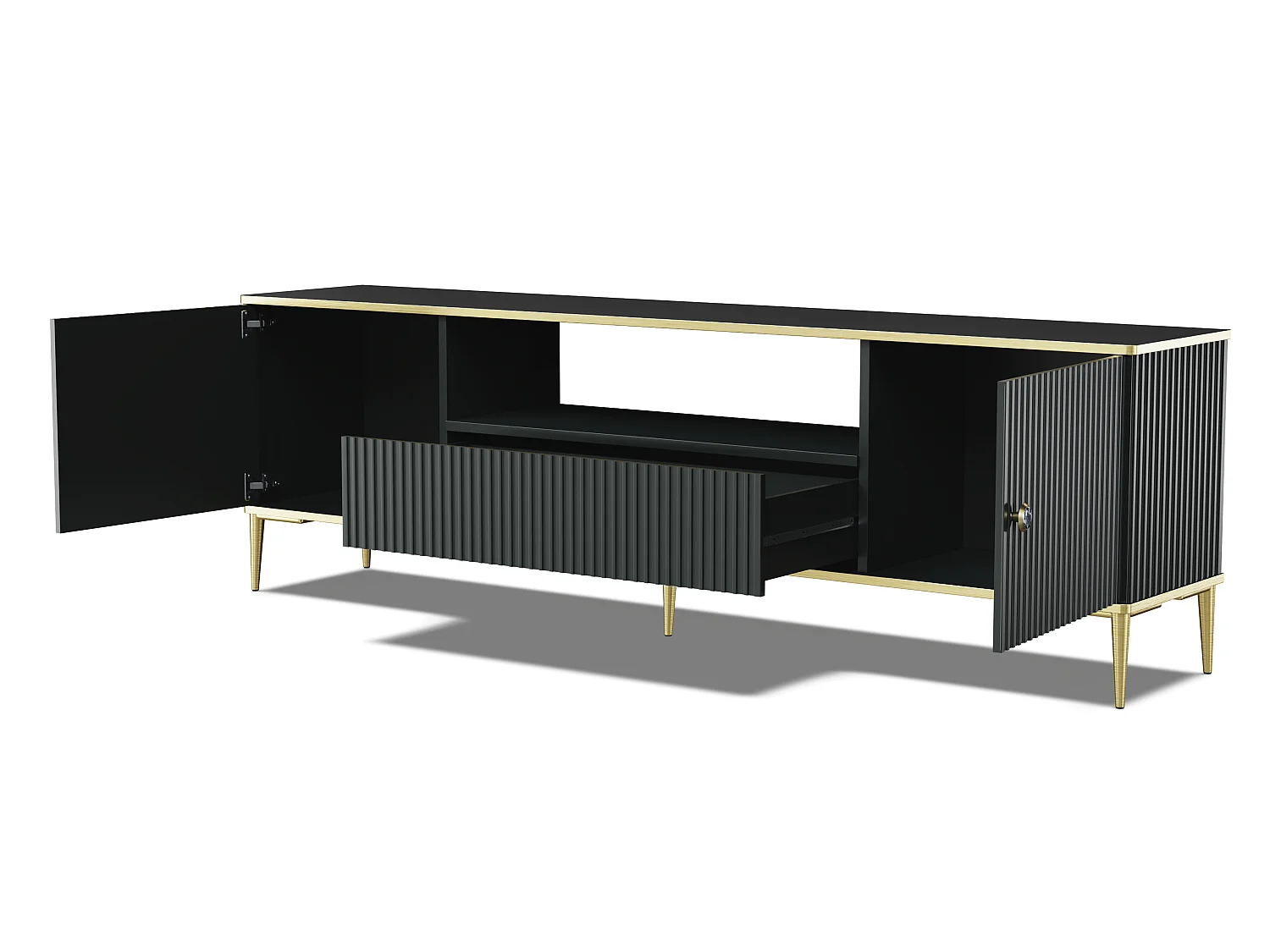 TV-Lowboard PETRA 180 cm Schwarz matt mit goldenen Metallfüßen