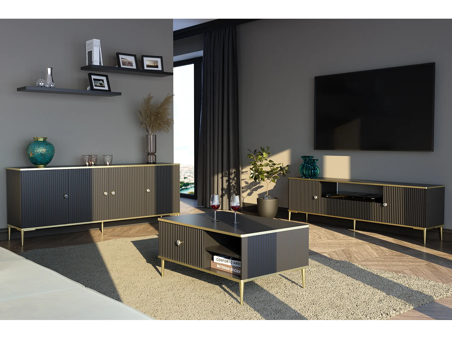 TV-Lowboard PETRA 180 cm Schwarz matt mit goldenen Metallfüßen