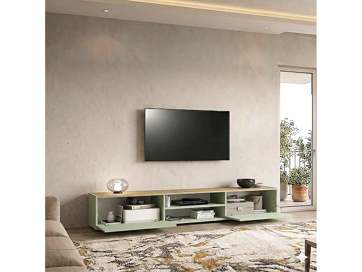 Mobile porta tv sospeso con 2 ante e 1 ripiano centrale verde salvia/rovere 210x35x30 cm