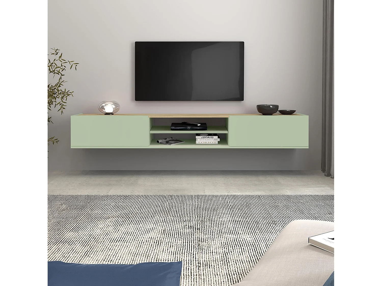 Mobile porta tv sospeso con 2 ante e 1 ripiano centrale verde salvia/rovere 210x35x30 cm