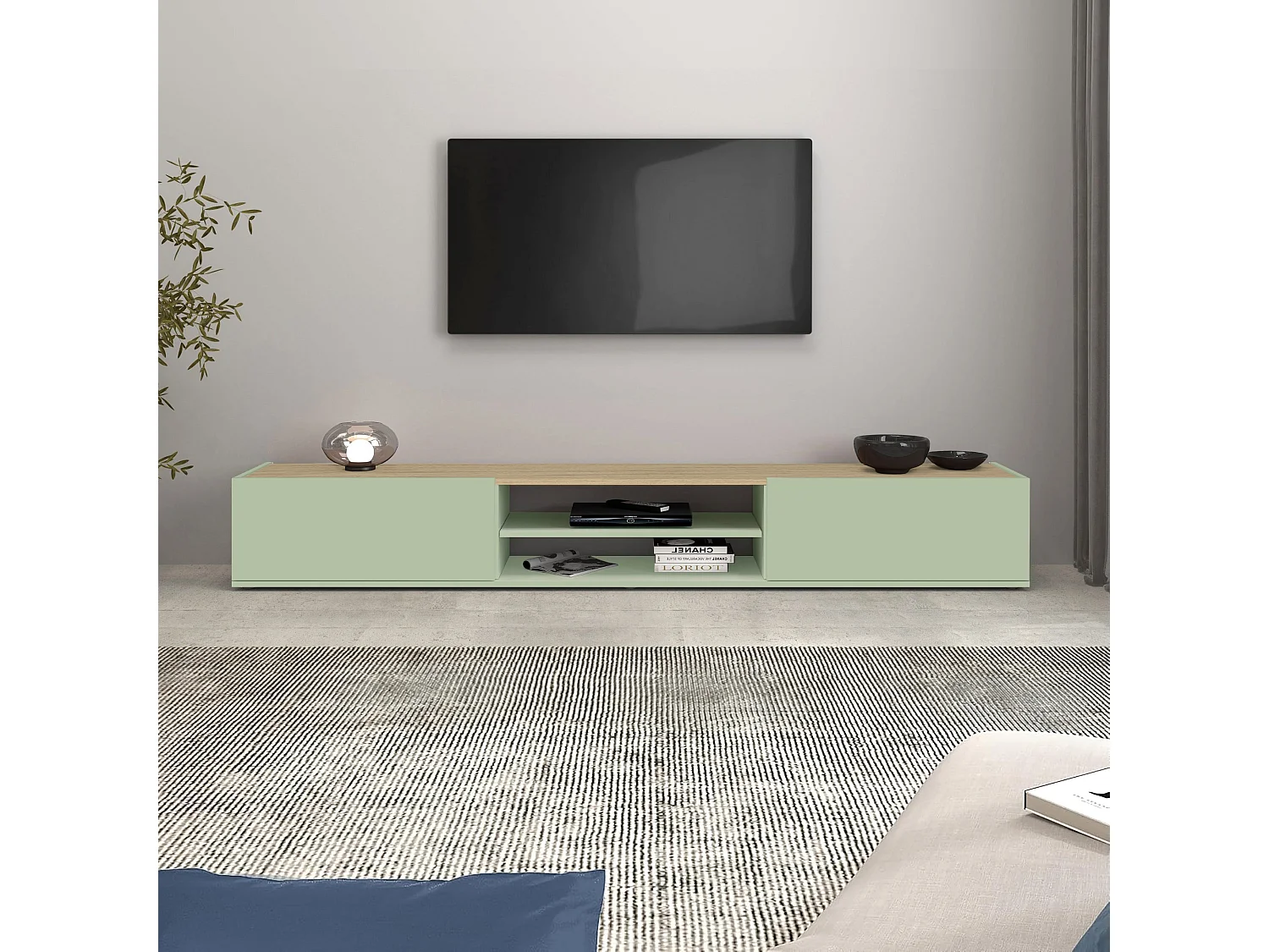 Mobile porta tv sospeso con 2 ante e 1 ripiano centrale verde salvia/rovere 210x35x30 cm