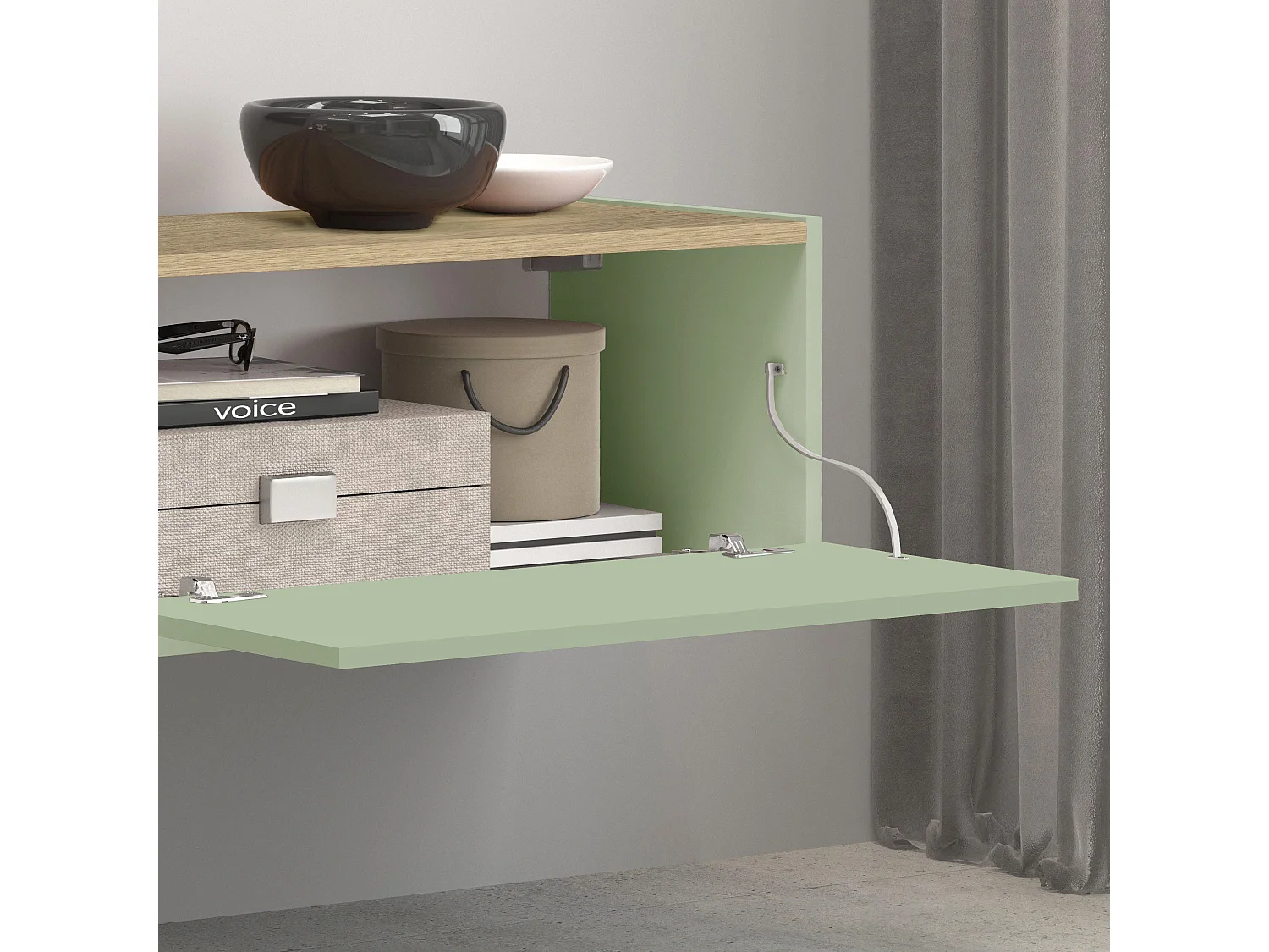 Mobile porta tv sospeso con 2 ante e 1 ripiano centrale verde salvia/rovere 210x35x30 cm