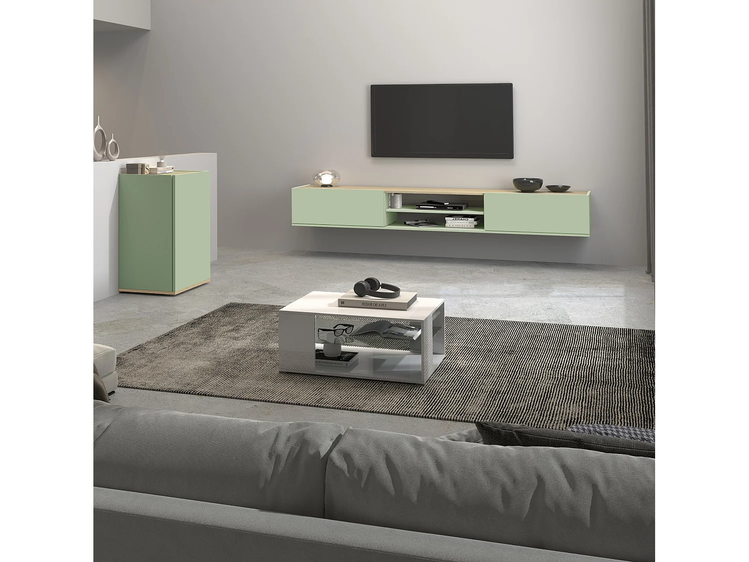 Mobile porta tv sospeso con 2 ante e 1 ripiano centrale verde salvia/rovere 210x35x30 cm