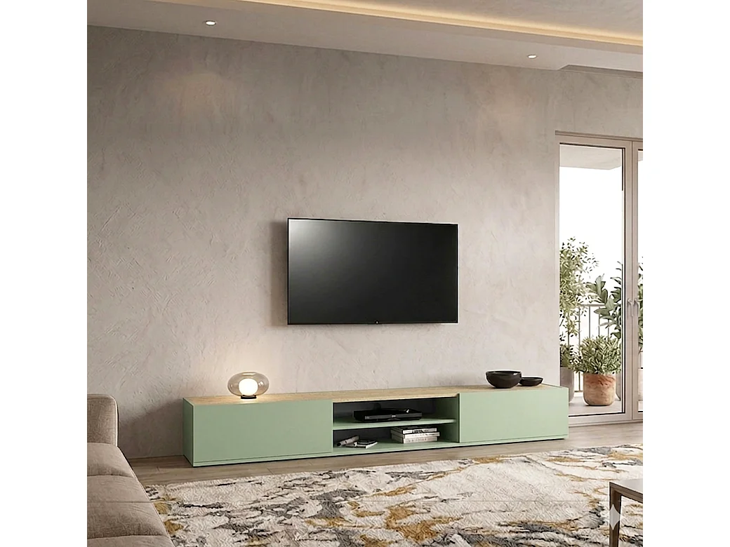 Mobile porta tv sospeso con 2 ante e 1 ripiano centrale verde salvia/rovere 210x35x30 cm