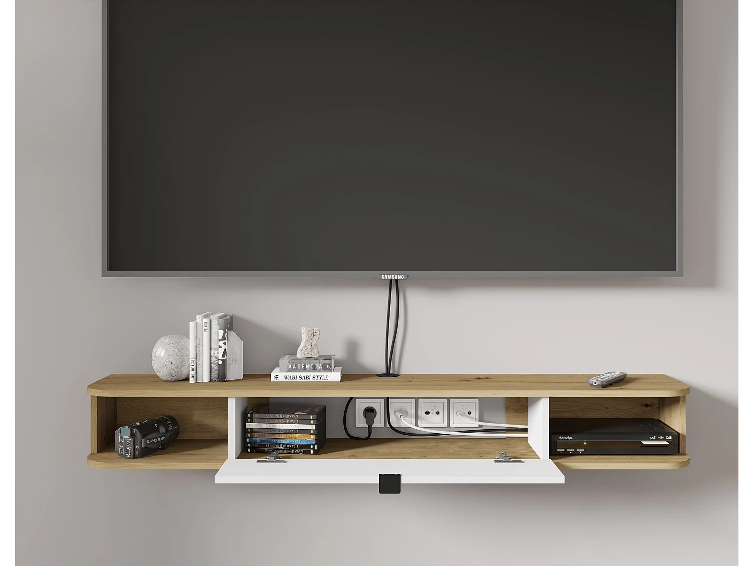 Hängendes TV-Lowboard ICARUS 156 cm Artisan Eiche Weiß Matt
