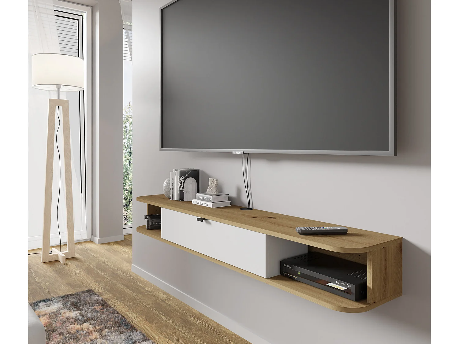 Hängendes TV-Lowboard ICARUS 156 cm Artisan Eiche Weiß Matt