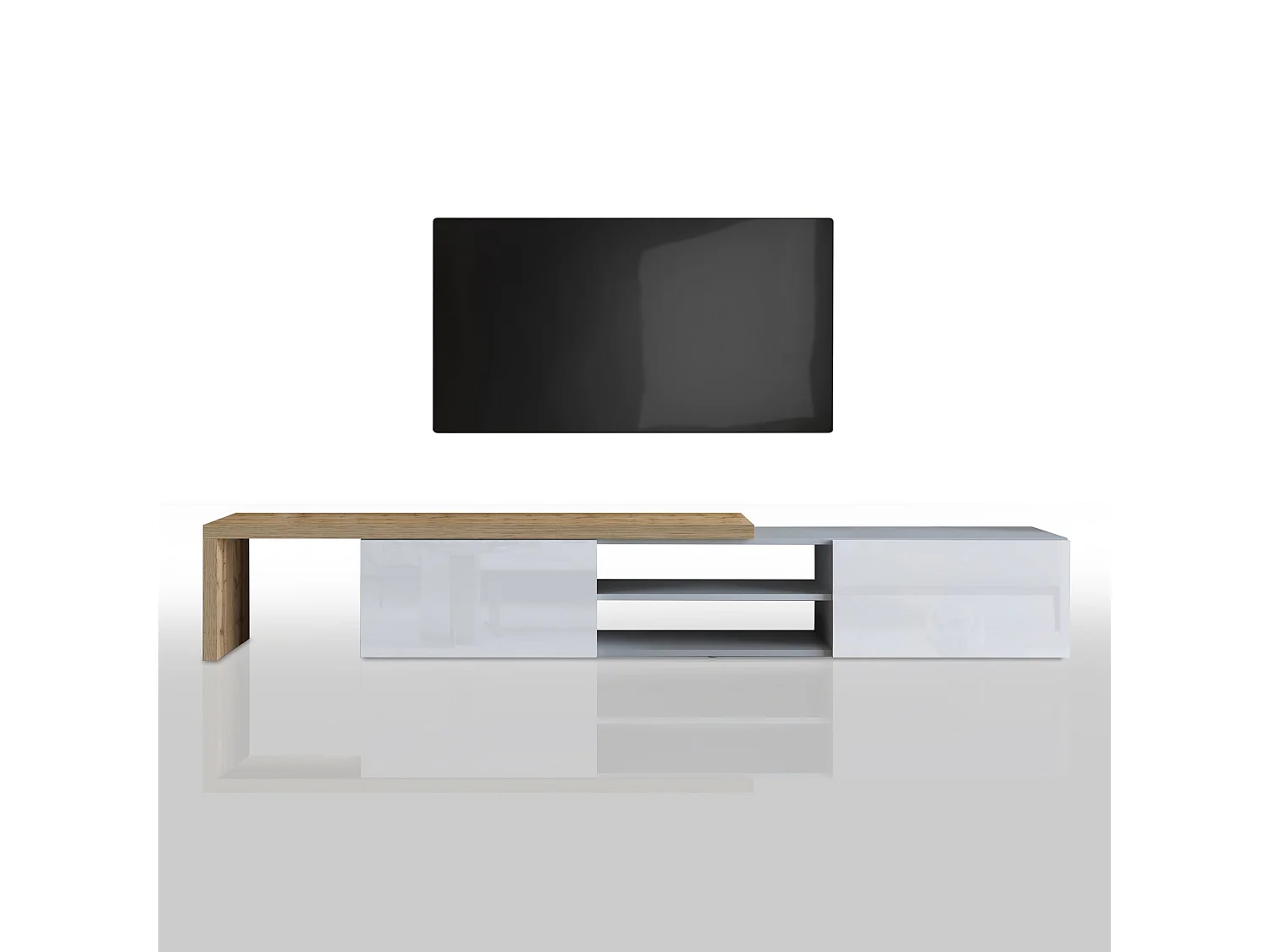 Mobile porta tv angolare Garda con 2 ante a ribalta bianco/rovere 183,5/310x31,4x35 cm