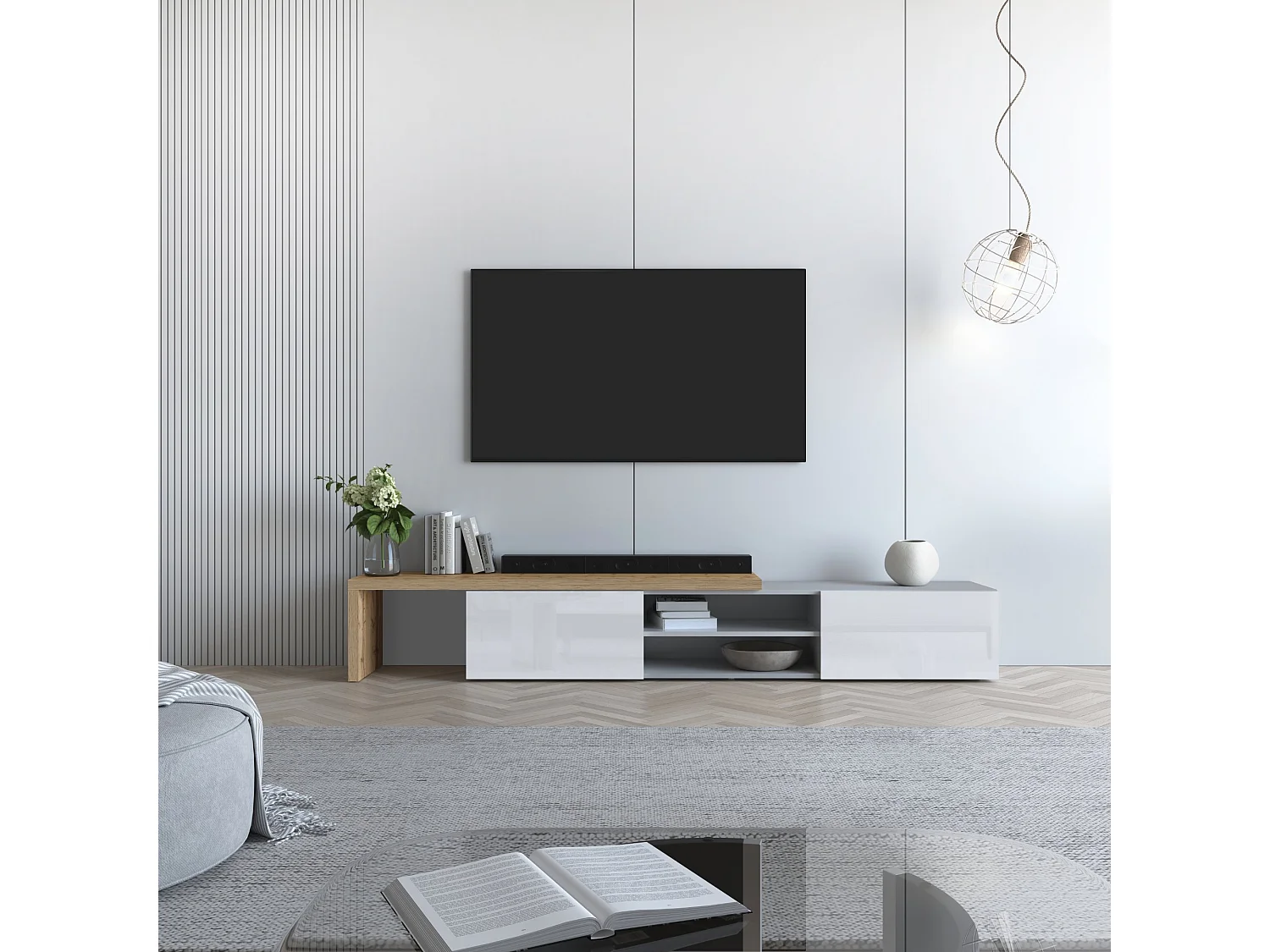 Mobile porta tv angolare Garda con 2 ante a ribalta bianco/rovere 183,5/310x31,4x35 cm