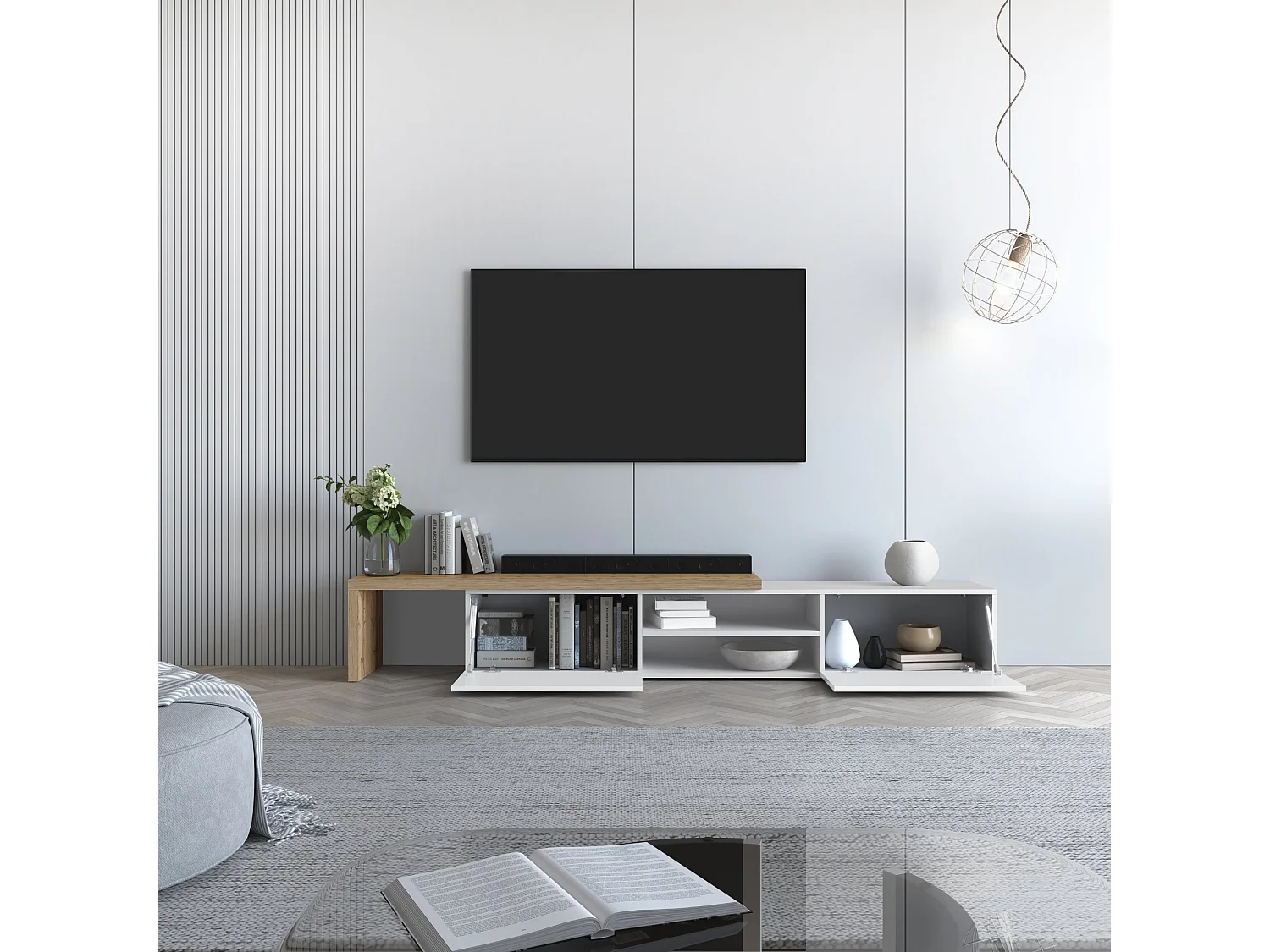 Mobile porta tv angolare Garda con 2 ante a ribalta bianco/rovere 183,5/310x31,4x35 cm