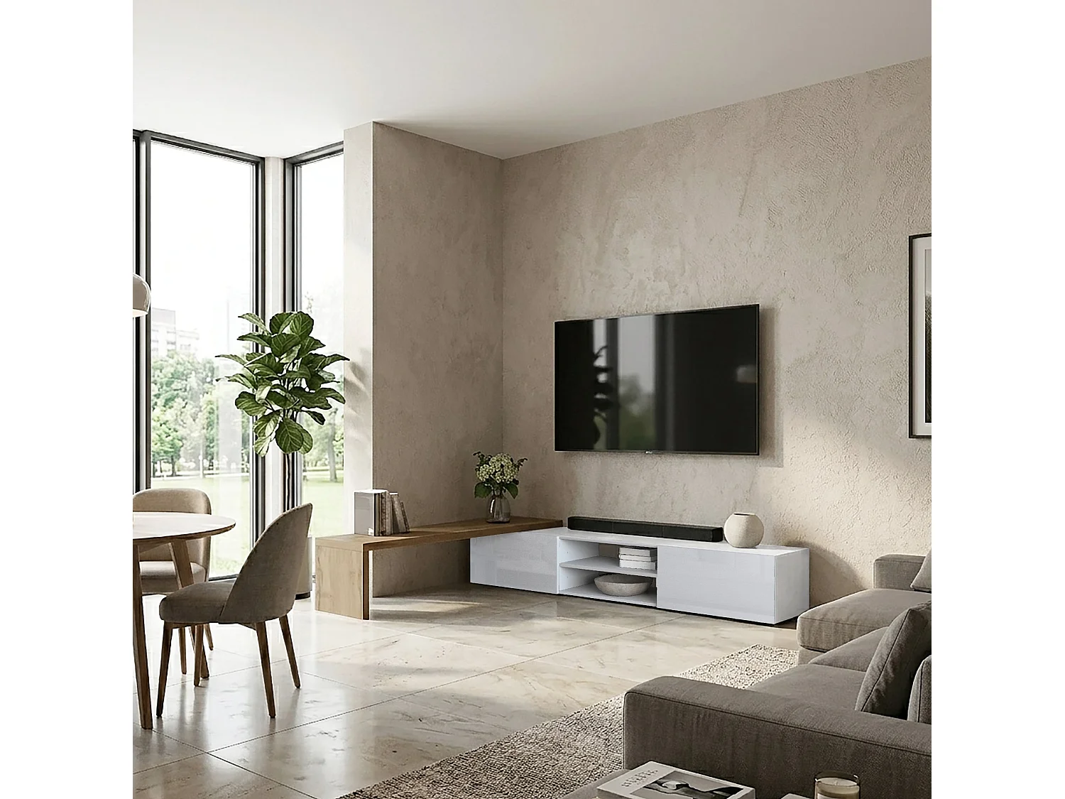 Mobile porta tv angolare Garda con 2 ante a ribalta bianco/rovere 183,5/310x31,4x35 cm