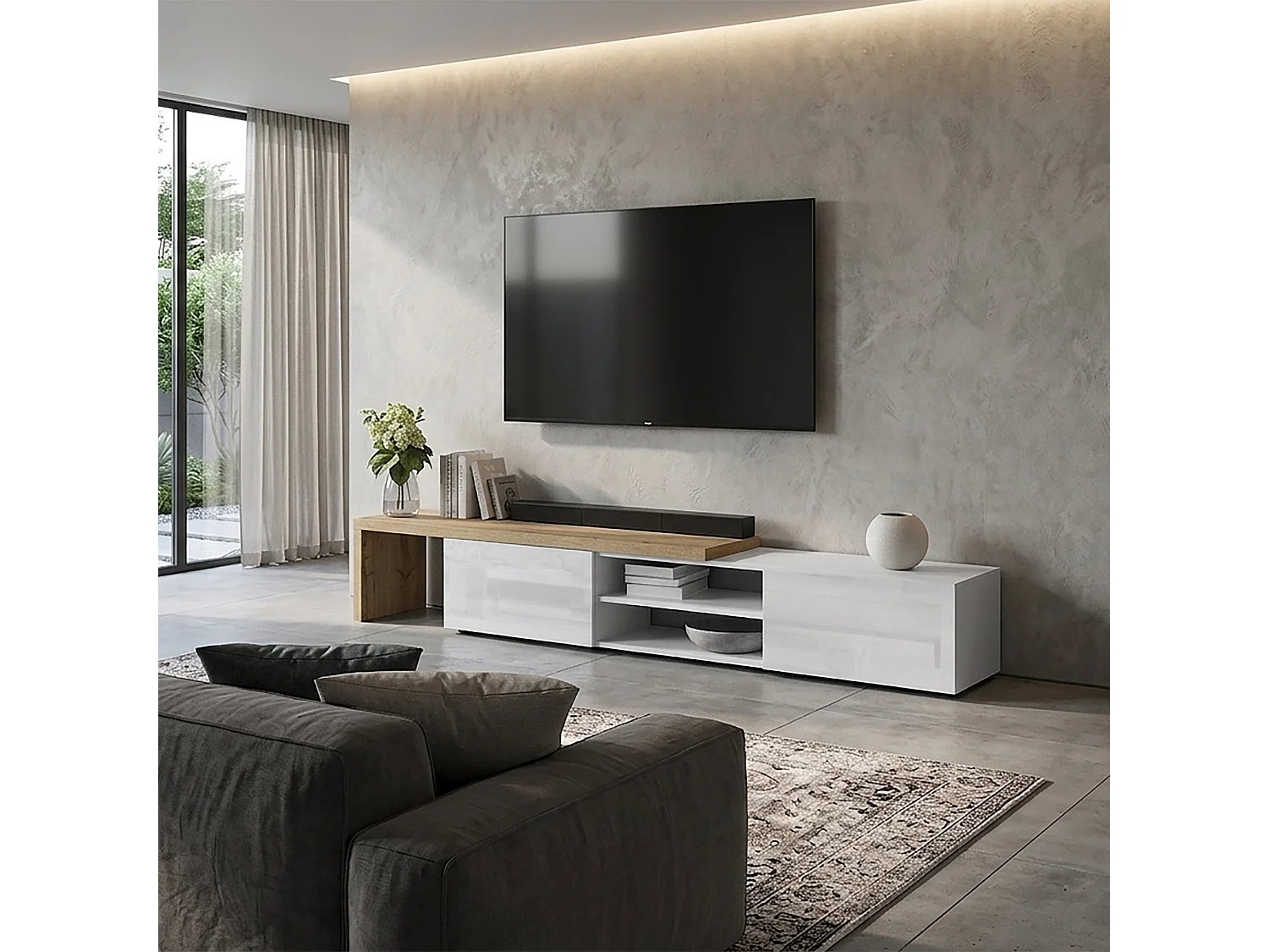 Mobile porta tv angolare Garda con 2 ante a ribalta bianco/rovere 183,5/310x31,4x35 cm