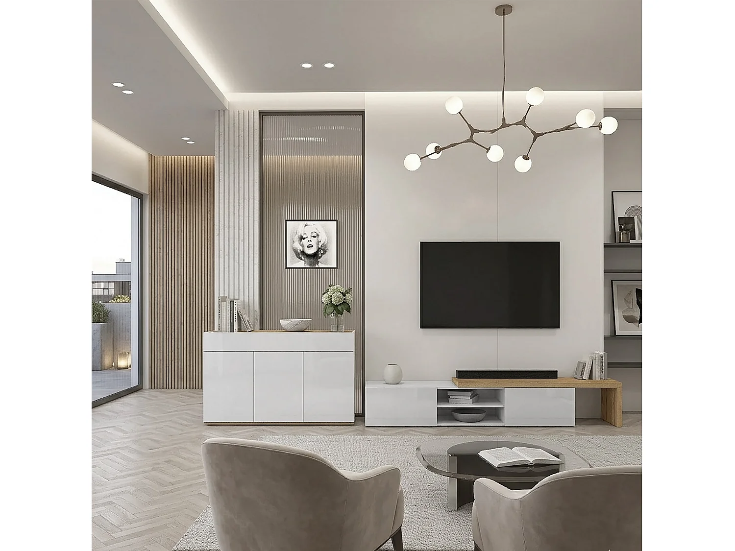 Mobile porta tv angolare Garda con 2 ante a ribalta bianco/rovere 183,5/310x31,4x35 cm