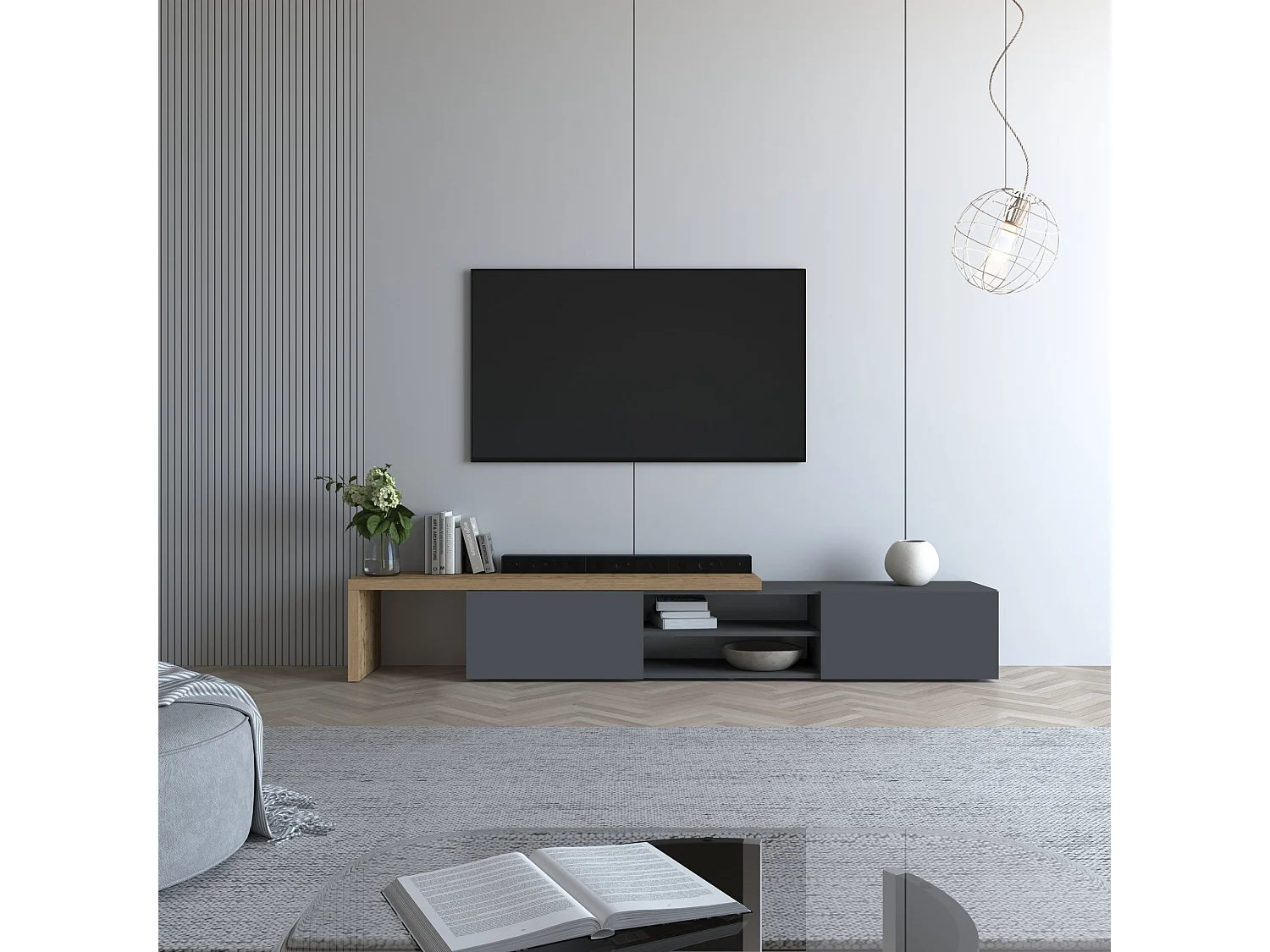 Mobile porta tv angolare Garda con 2 ante a ribalta antracite/rovere 183,5/310x31,4x35 cm