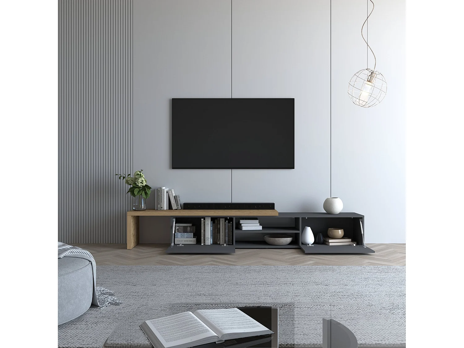 Mobile porta tv angolare Garda con 2 ante a ribalta antracite/rovere 183,5/310x31,4x35 cm