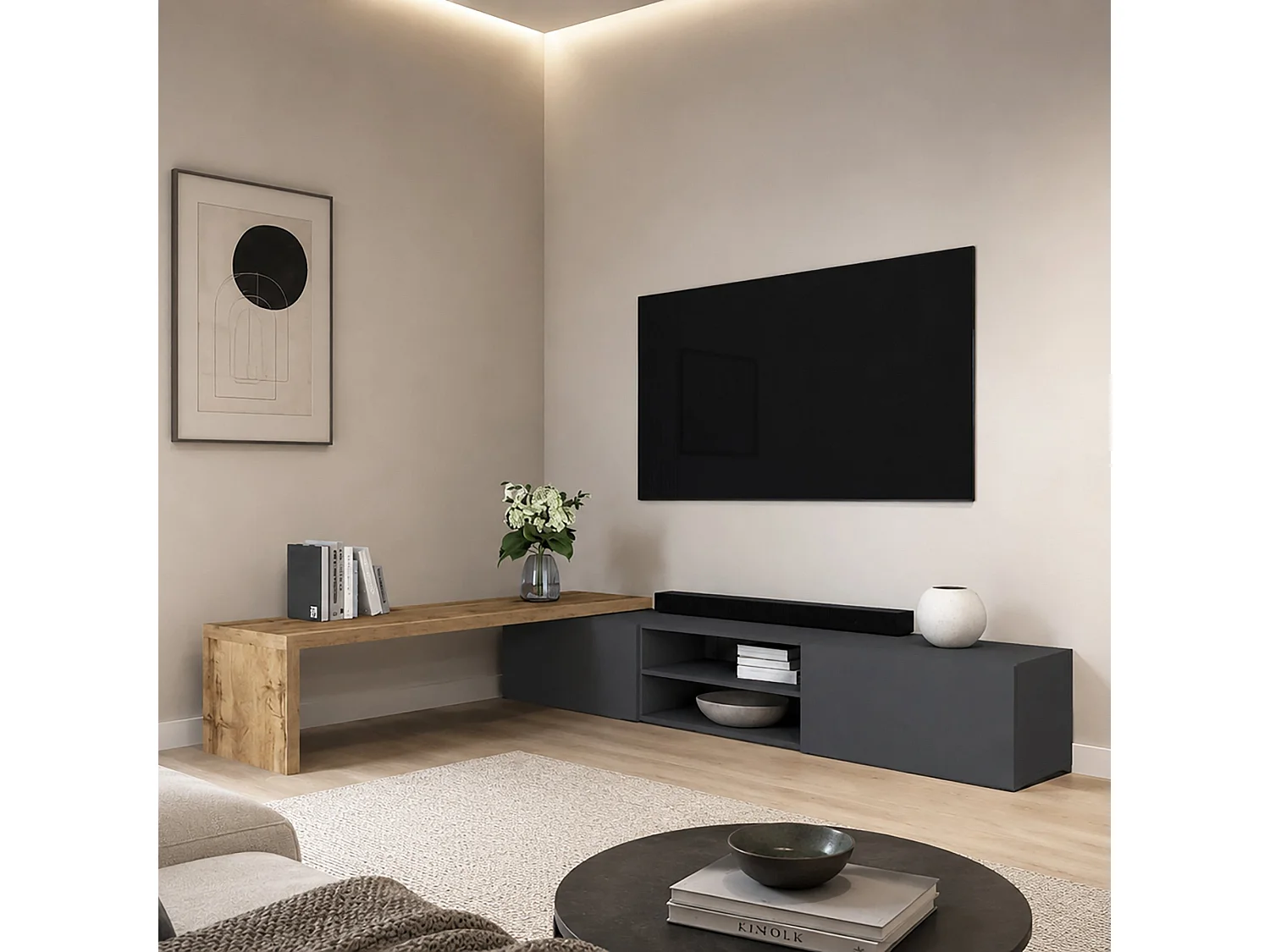 Mobile porta tv angolare Garda con 2 ante a ribalta antracite/rovere 183,5/310x31,4x35 cm