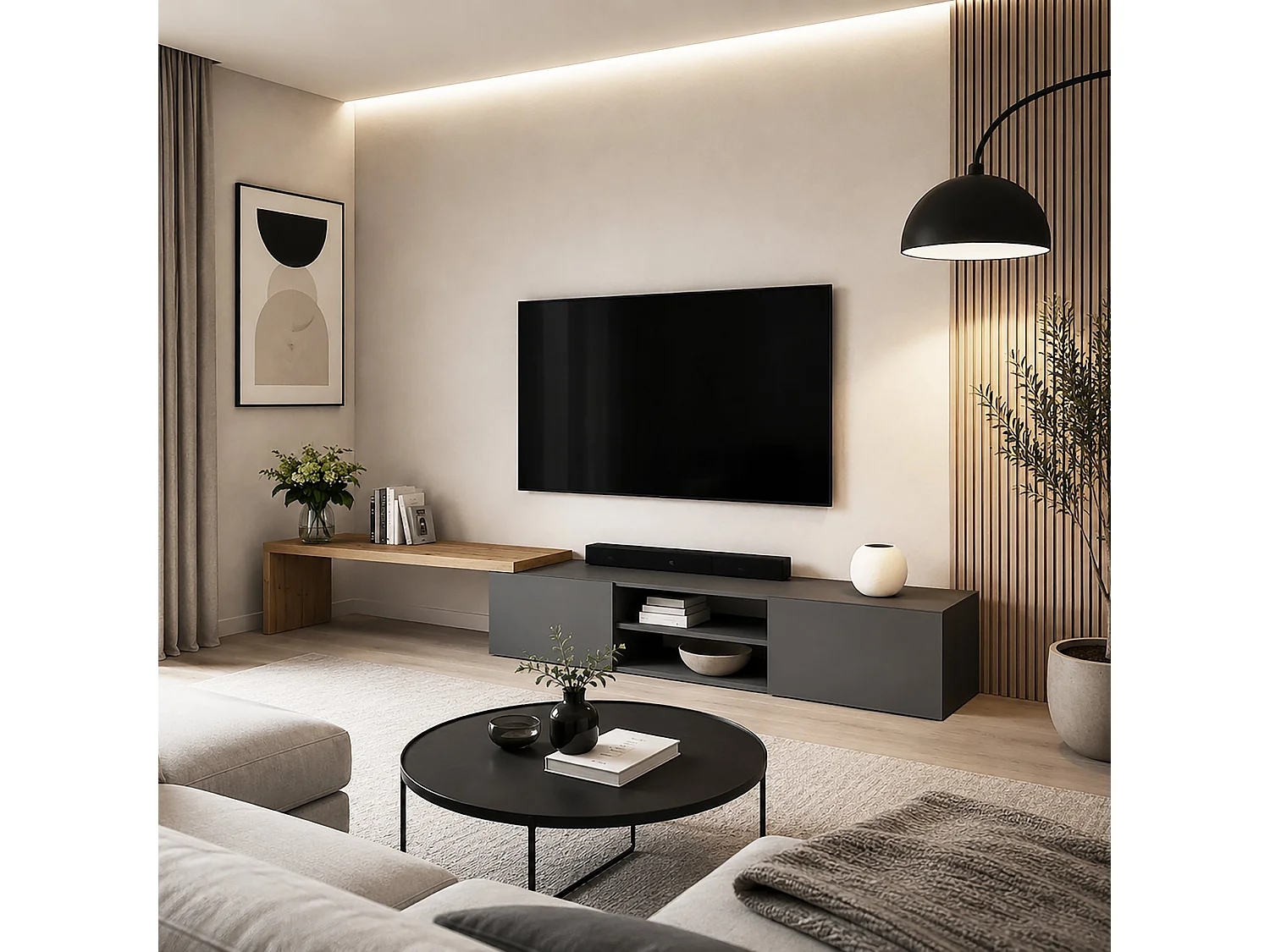 Mobile porta tv angolare Garda con 2 ante a ribalta antracite/rovere 183,5/310x31,4x35 cm