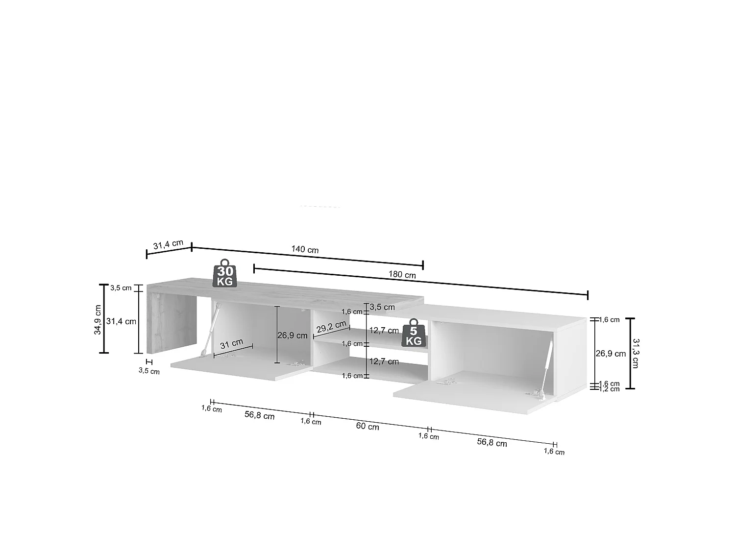 Mobile porta tv angolare Garda con 2 ante a ribalta antracite/rovere 183,5/310x31,4x35 cm