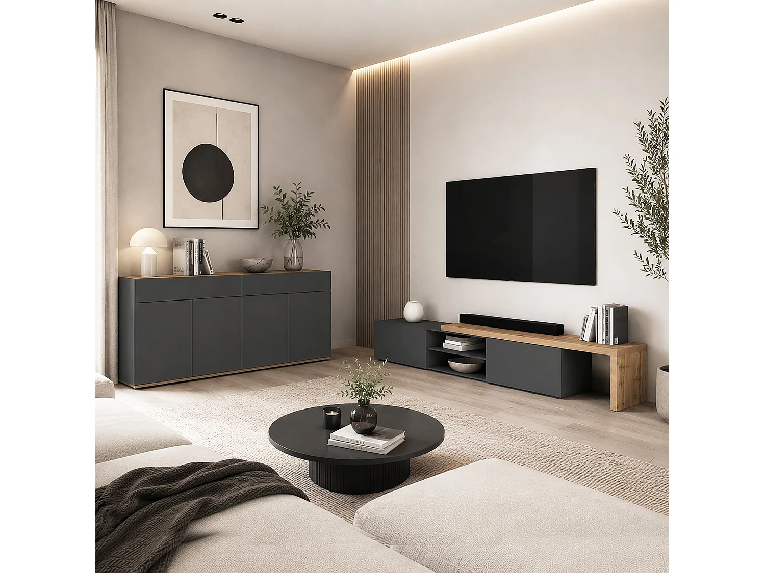 Mobile porta tv angolare Garda con 2 ante a ribalta antracite/rovere 183,5/310x31,4x35 cm