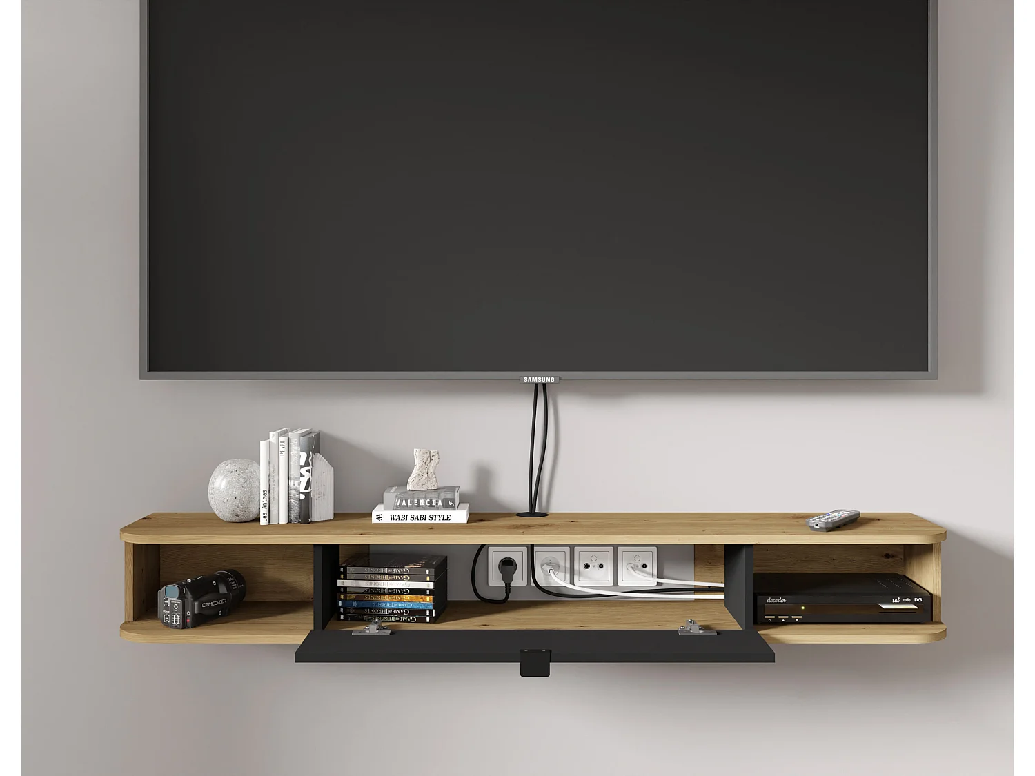 Hängendes TV-Lowboard ICARUS 156 cm Artisan Eiche Schwarz Matt