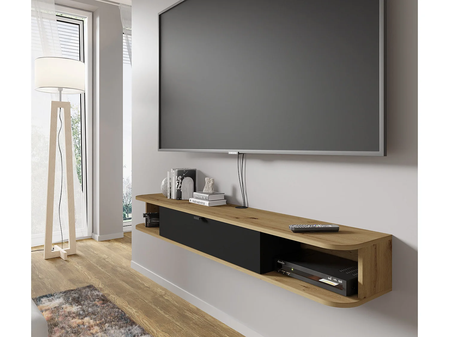 Hängendes TV-Lowboard ICARUS 156 cm Artisan Eiche Schwarz Matt