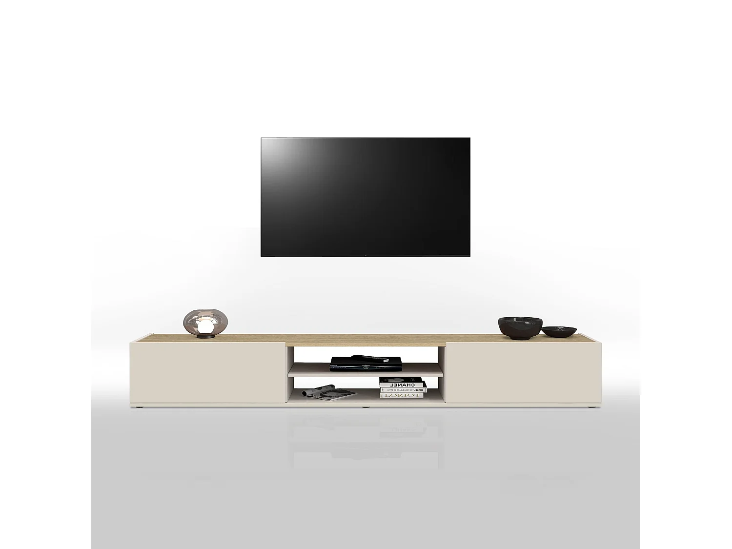 Mobile porta tv sospeso con 2 ante e 1 ripiano centrale cashmere/rovere 210x35x30 cm