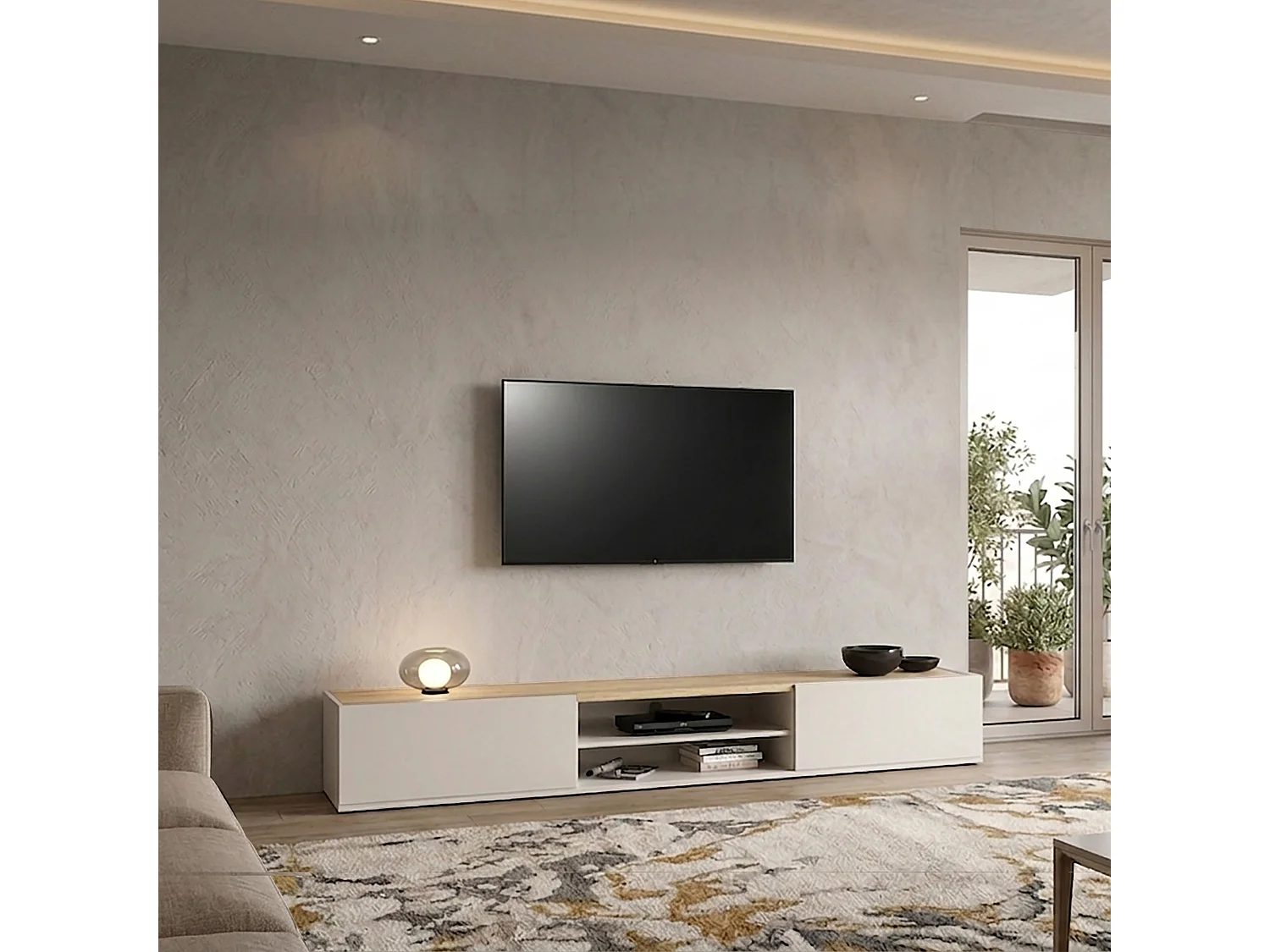 Mobile porta tv sospeso con 2 ante e 1 ripiano centrale cashmere/rovere 210x35x30 cm