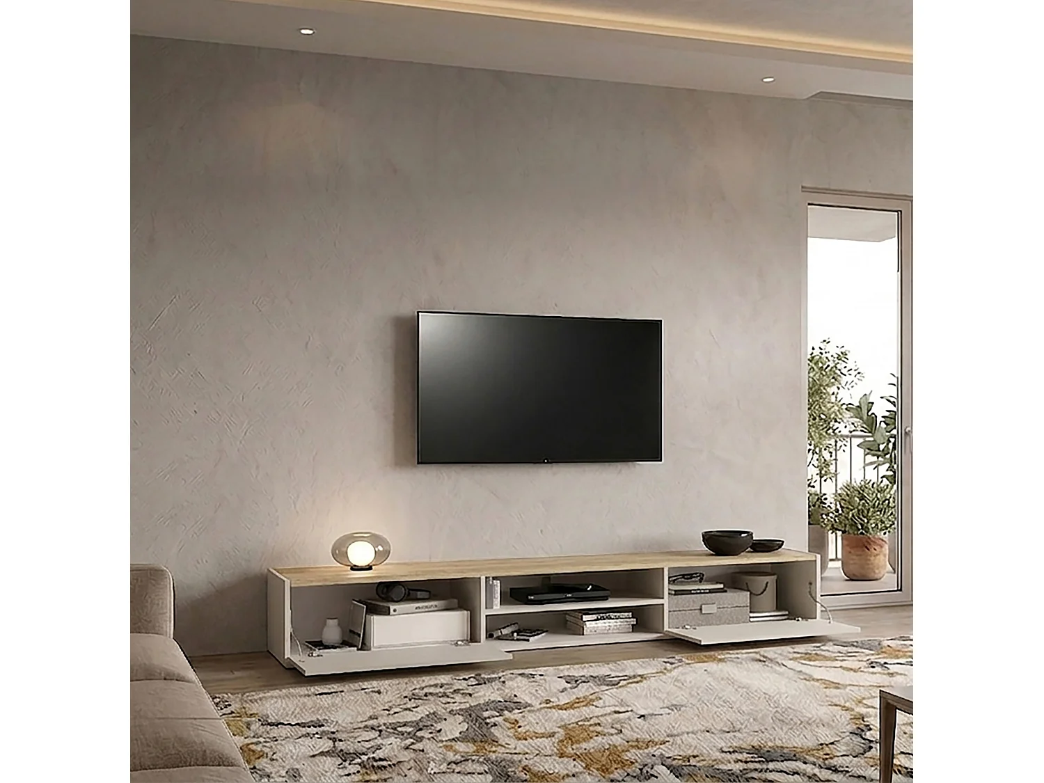 Mobile porta tv sospeso con 2 ante e 1 ripiano centrale cashmere/rovere 210x35x30 cm