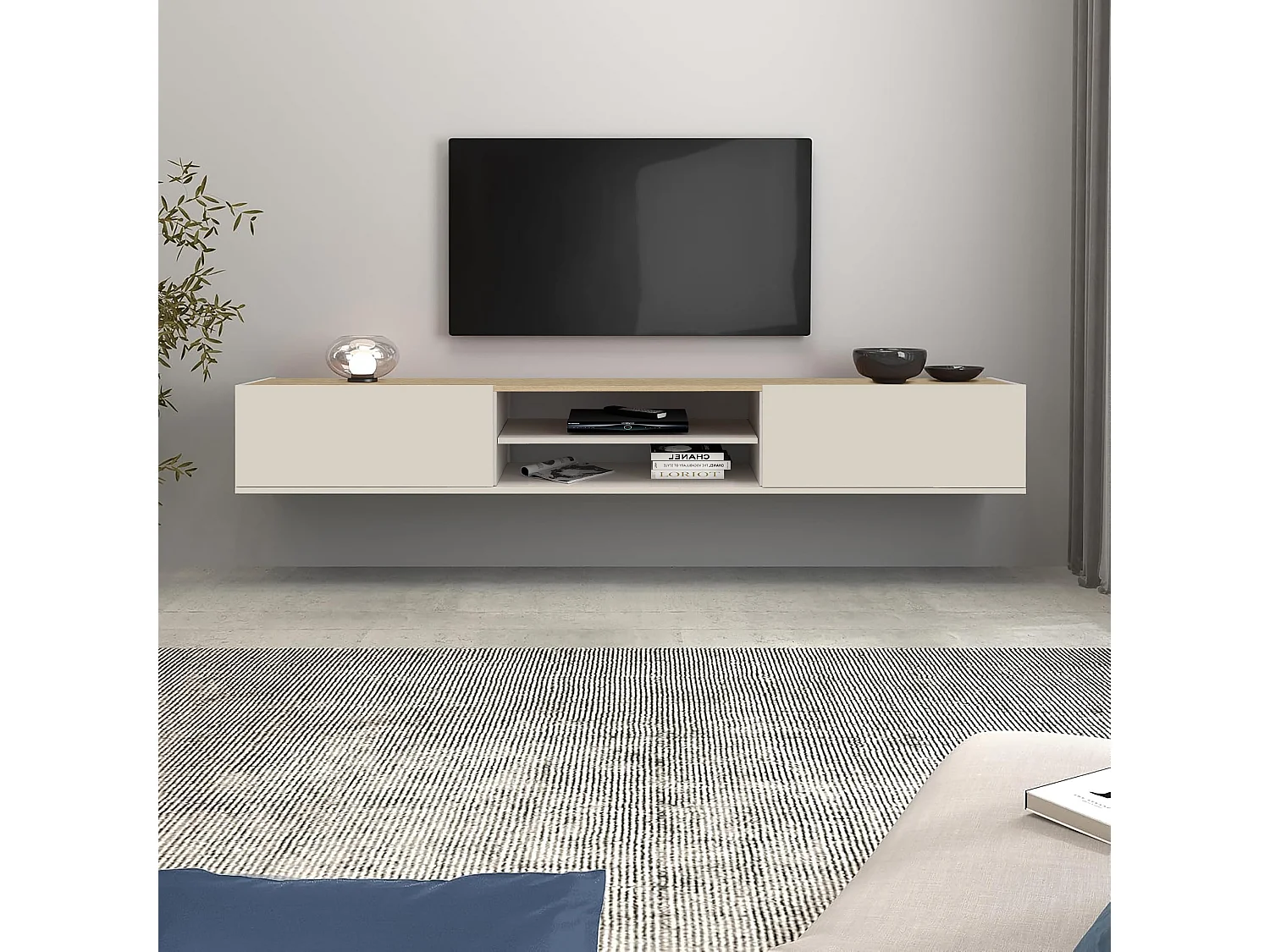 Mobile porta tv sospeso con 2 ante e 1 ripiano centrale cashmere/rovere 210x35x30 cm