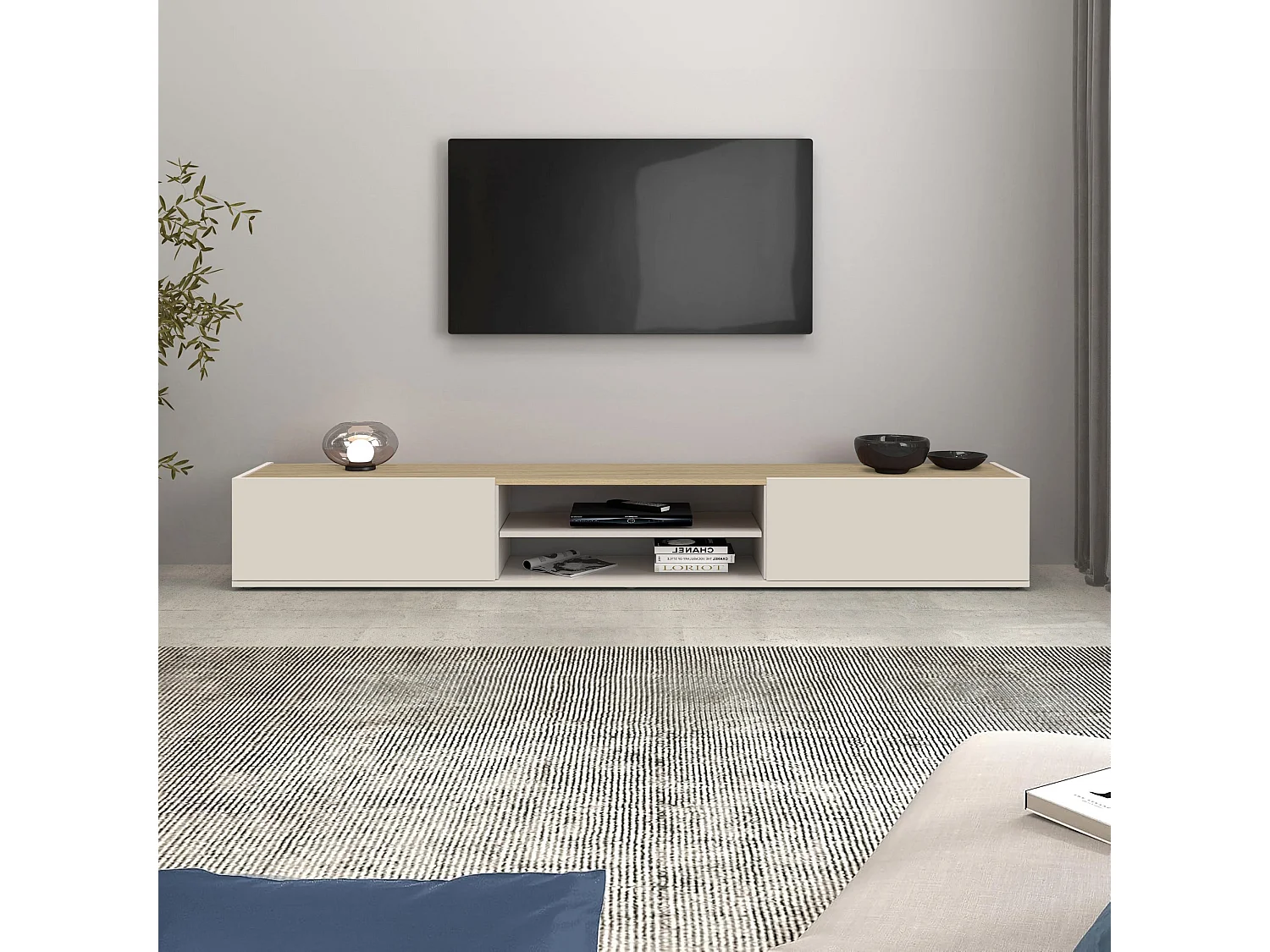 Mobile porta tv sospeso con 2 ante e 1 ripiano centrale cashmere/rovere 210x35x30 cm