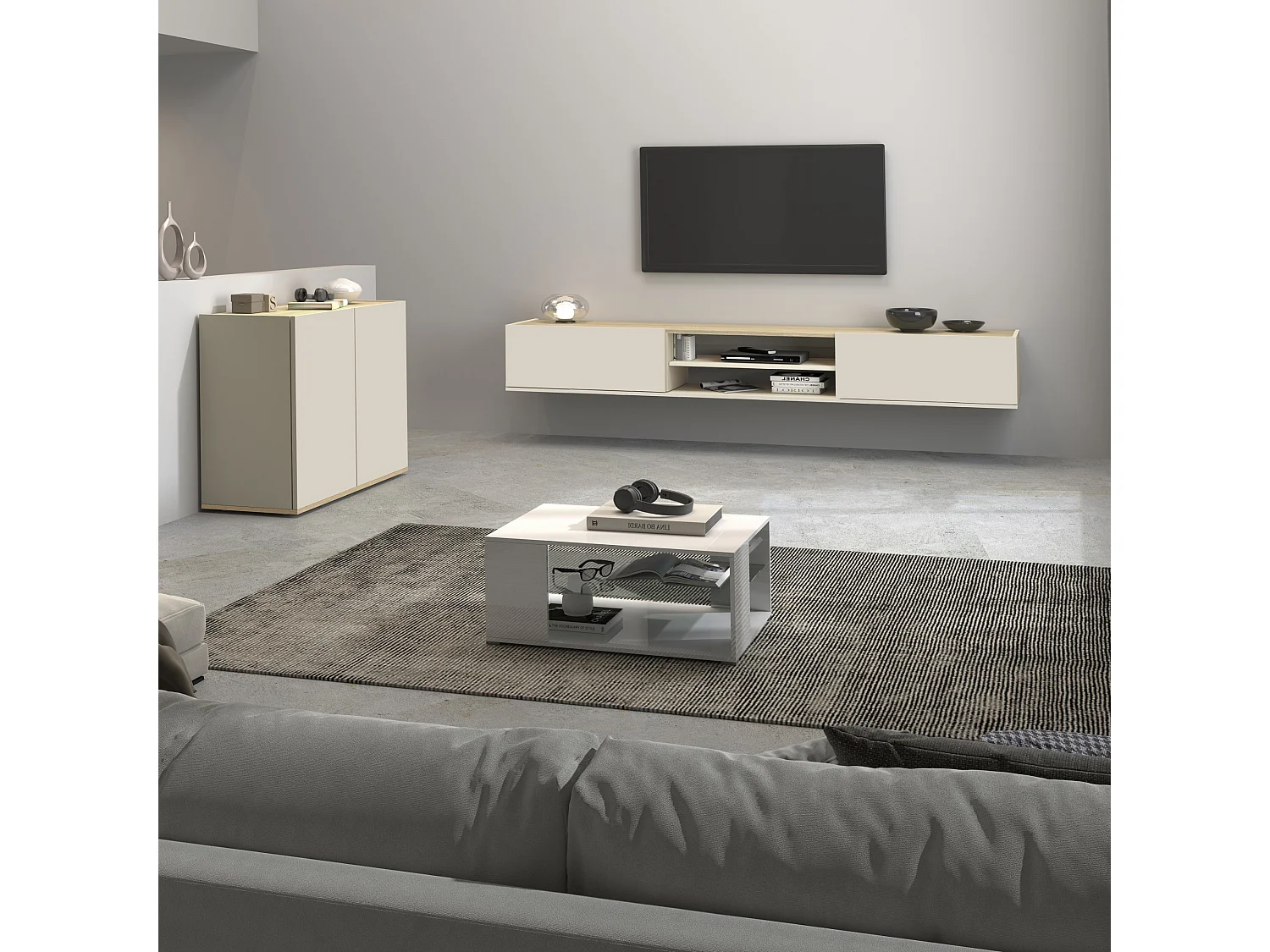 Mobile porta tv sospeso con 2 ante e 1 ripiano centrale cashmere/rovere 210x35x30 cm