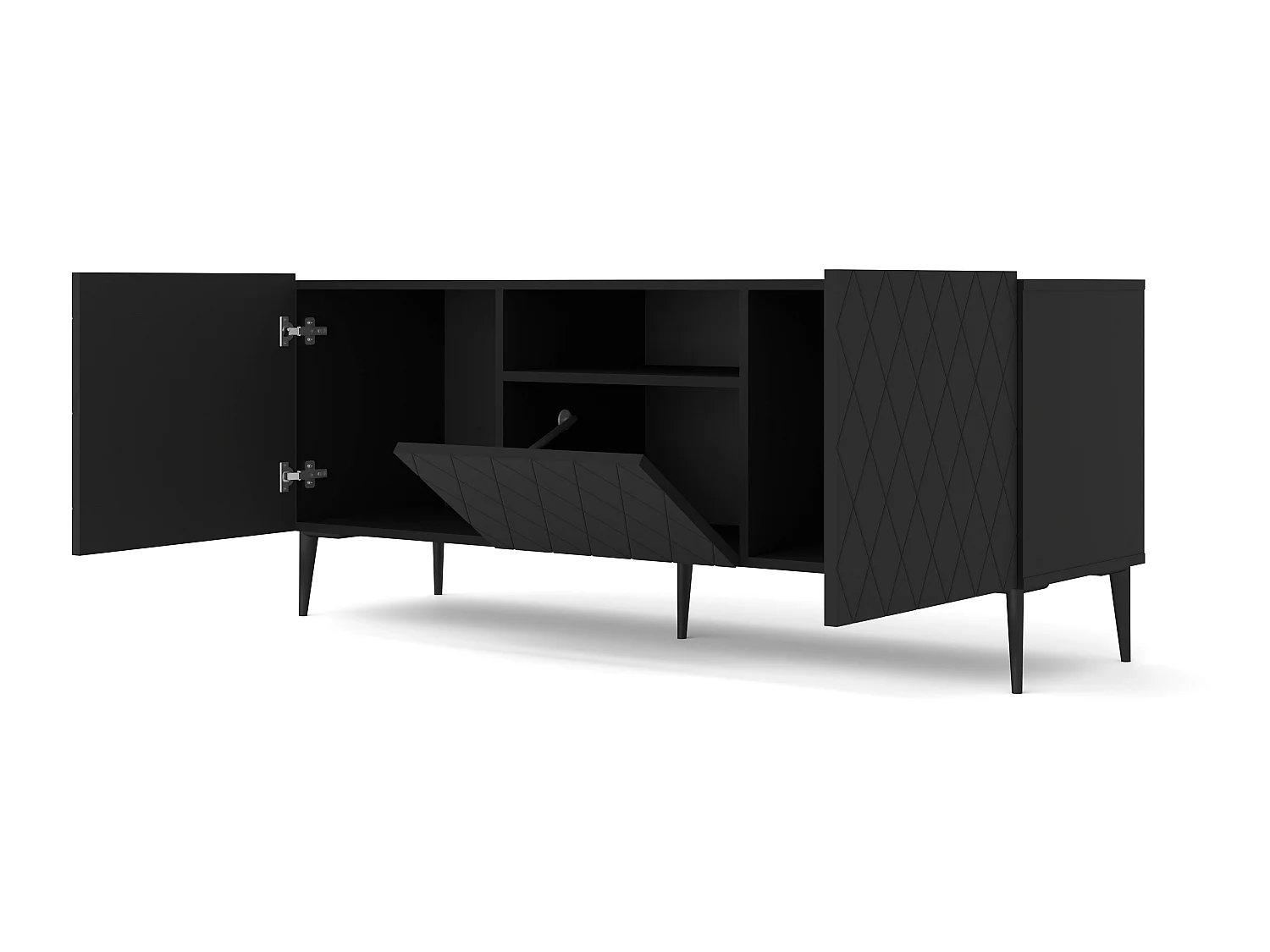 TV-Lowboard DIUNA 145 cm Schwarz matt mit schwarzen Metallfüßen