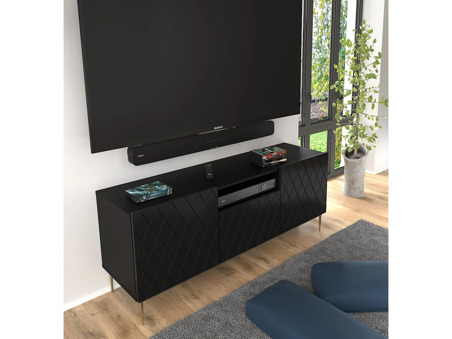 TV-Lowboard DIUNA 145 cm Schwarz matt mit schwarzen Metallfüßen