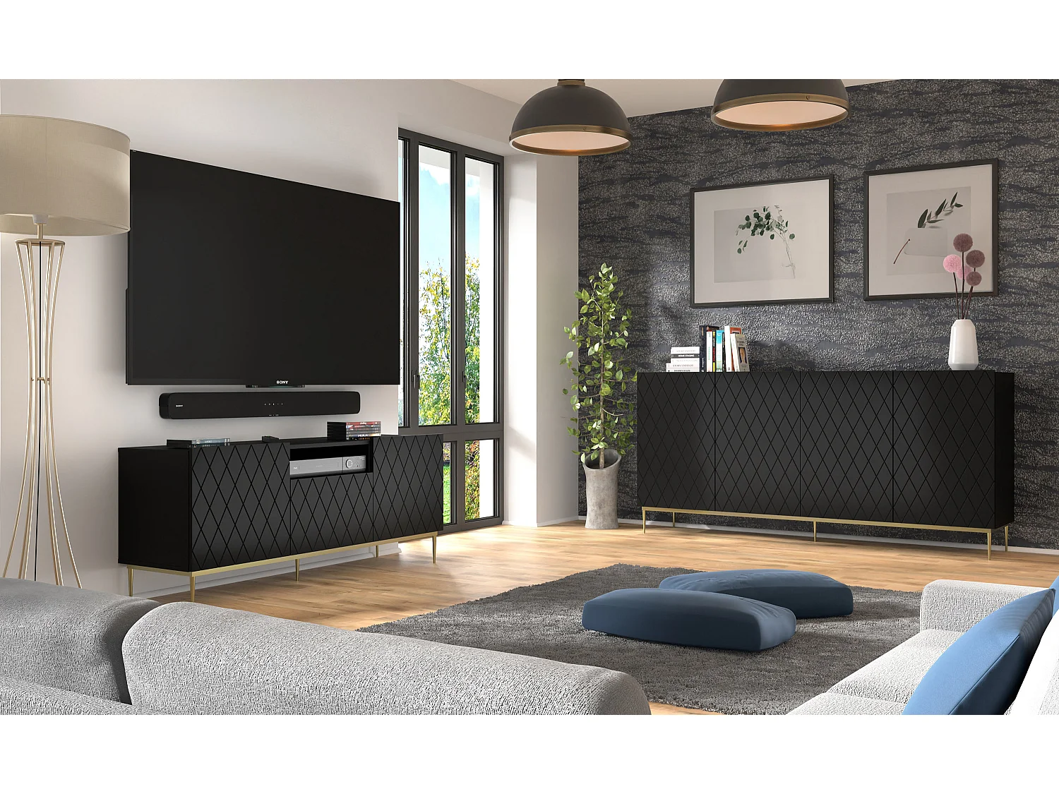 TV-Lowboard DIUNA 145 cm Schwarz matt mit schwarzen Metallfüßen