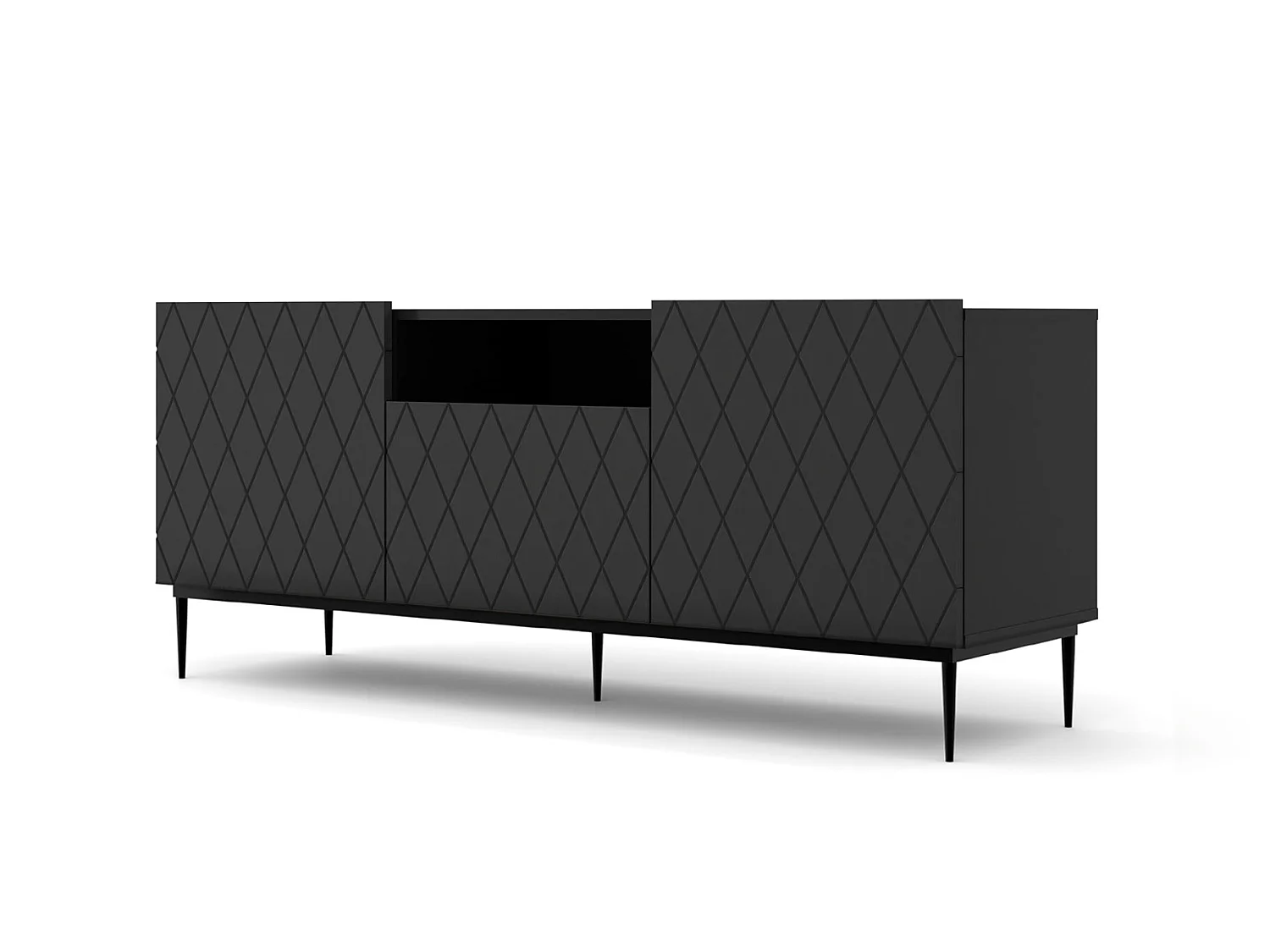 TV-Lowboard DIUNA 145 cm Schwarz matt mit schwarzen Metallfüßen