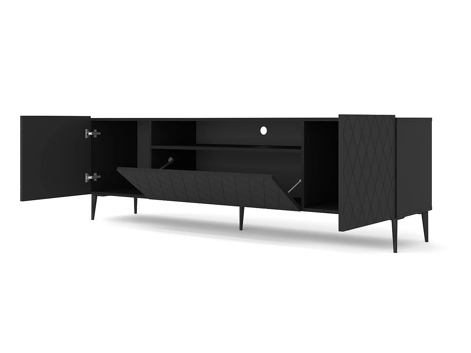 TV-Lowboard DIUNA 193 cm Schwarz matt mit schwarzen Metallfüßen