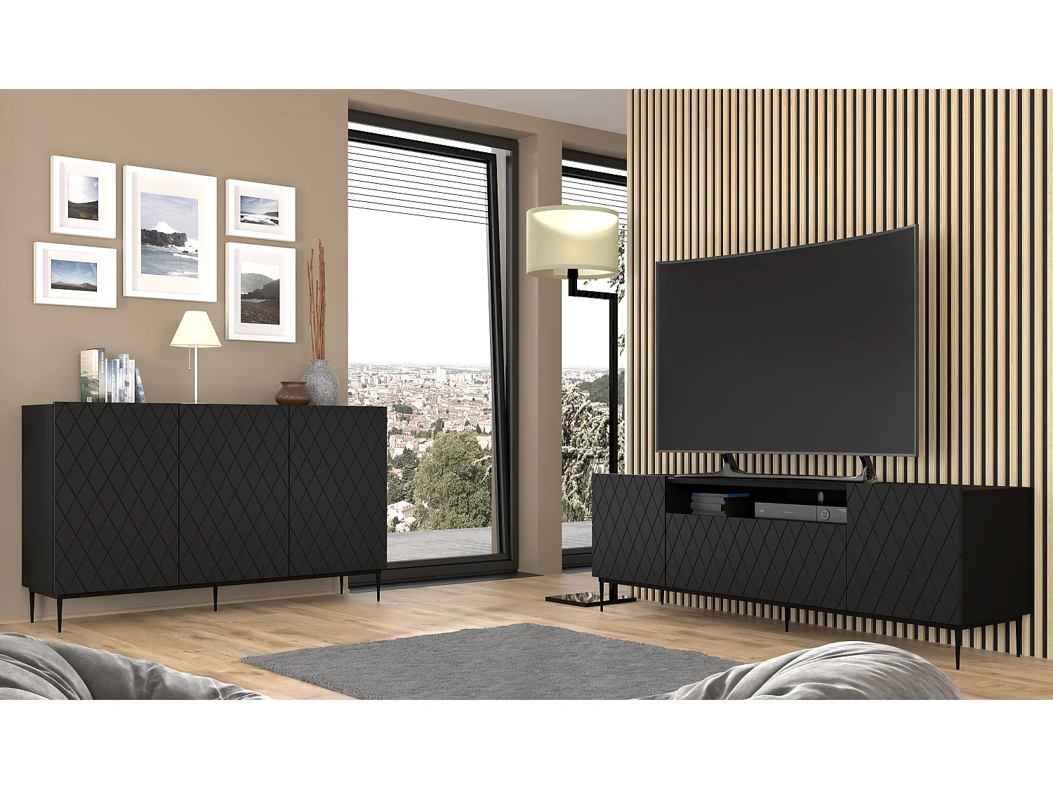 TV-Lowboard DIUNA 193 cm Schwarz matt mit schwarzen Metallfüßen