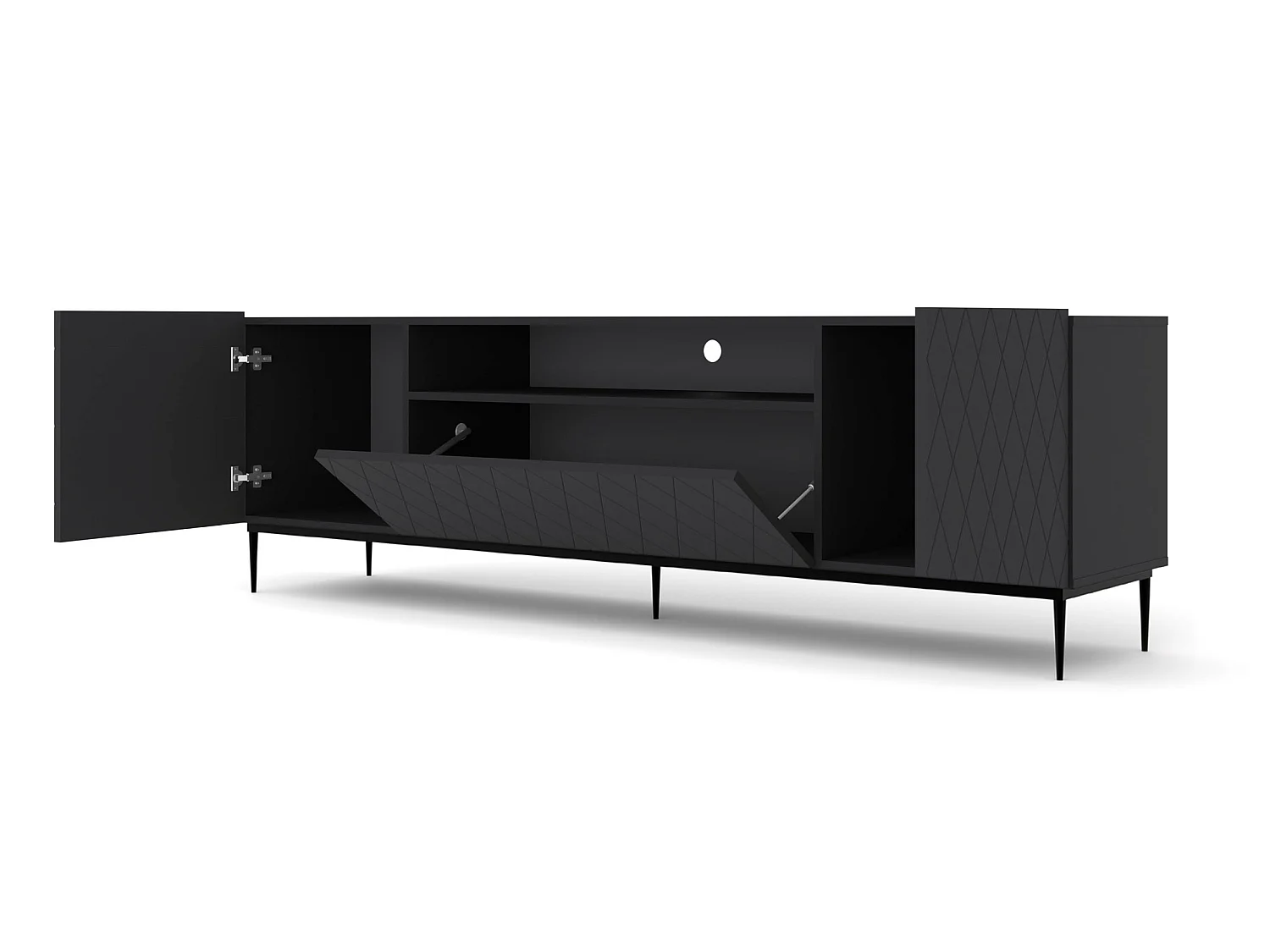 TV-Lowboard DIUNA 193 cm Schwarz matt mit schwarzem Gestell