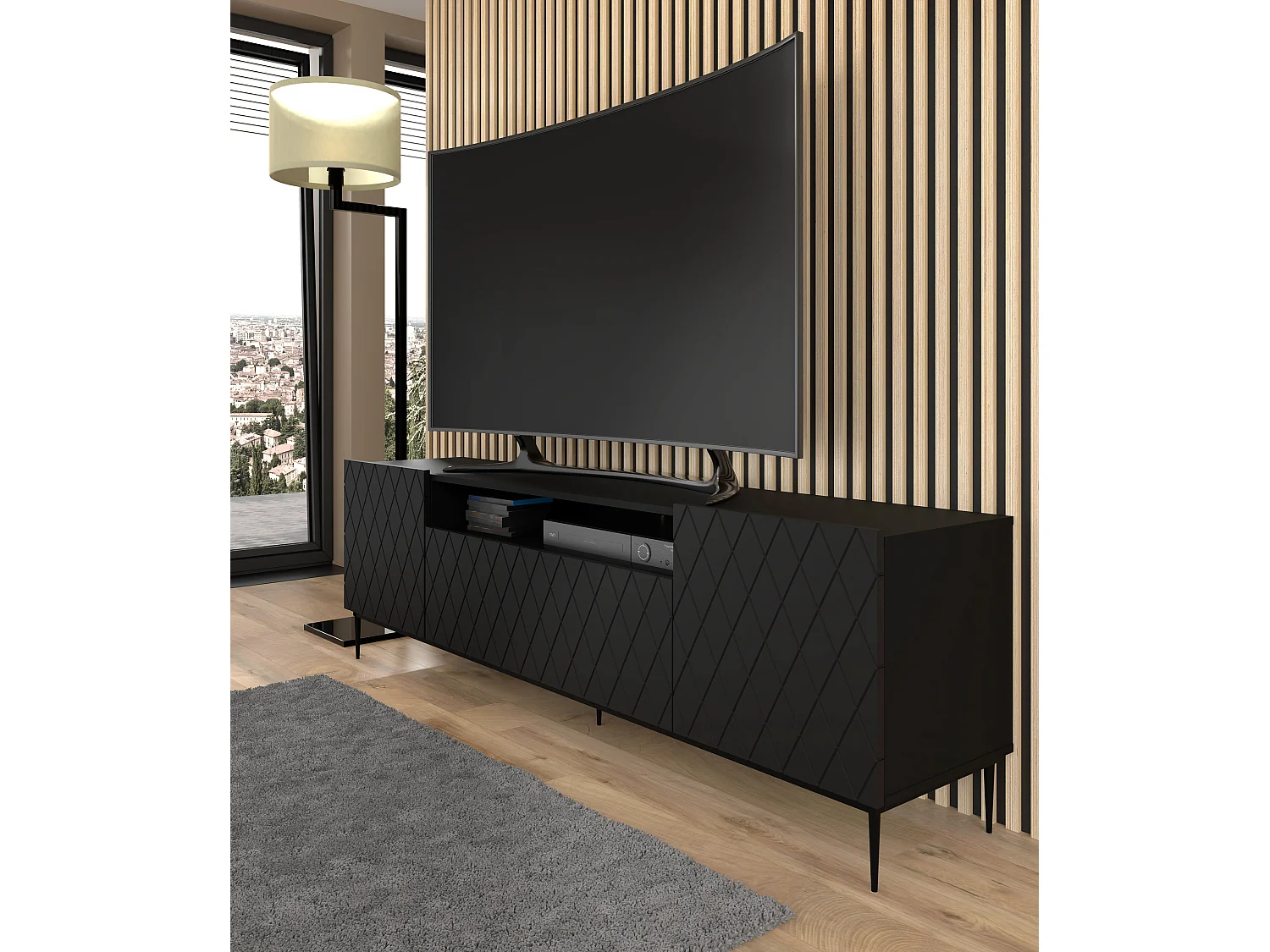 TV-Lowboard DIUNA 193 cm Schwarz matt mit schwarzem Gestell