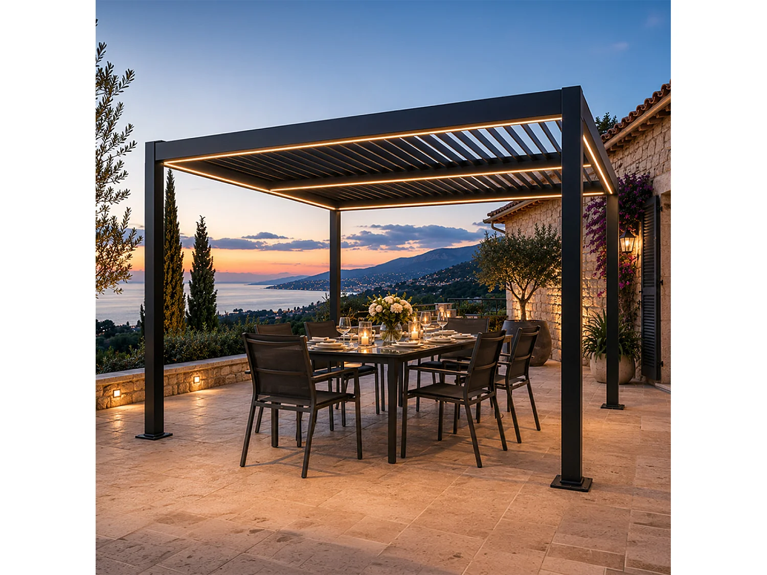 Pérgola Bioclimática LED 3x3m Estrutura de Alumínio Lâminas Ajustáveis CORFU Preto