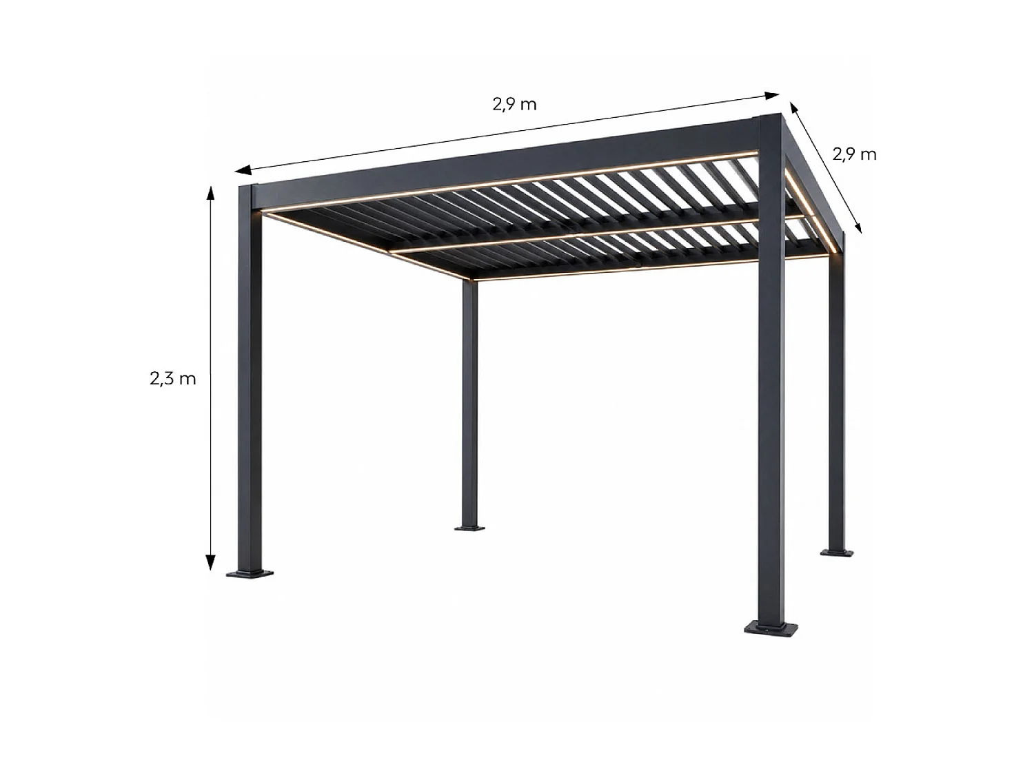 Pérgola Bioclimática LED 3x3m Estrutura de Alumínio Lâminas Ajustáveis CORFU Preto