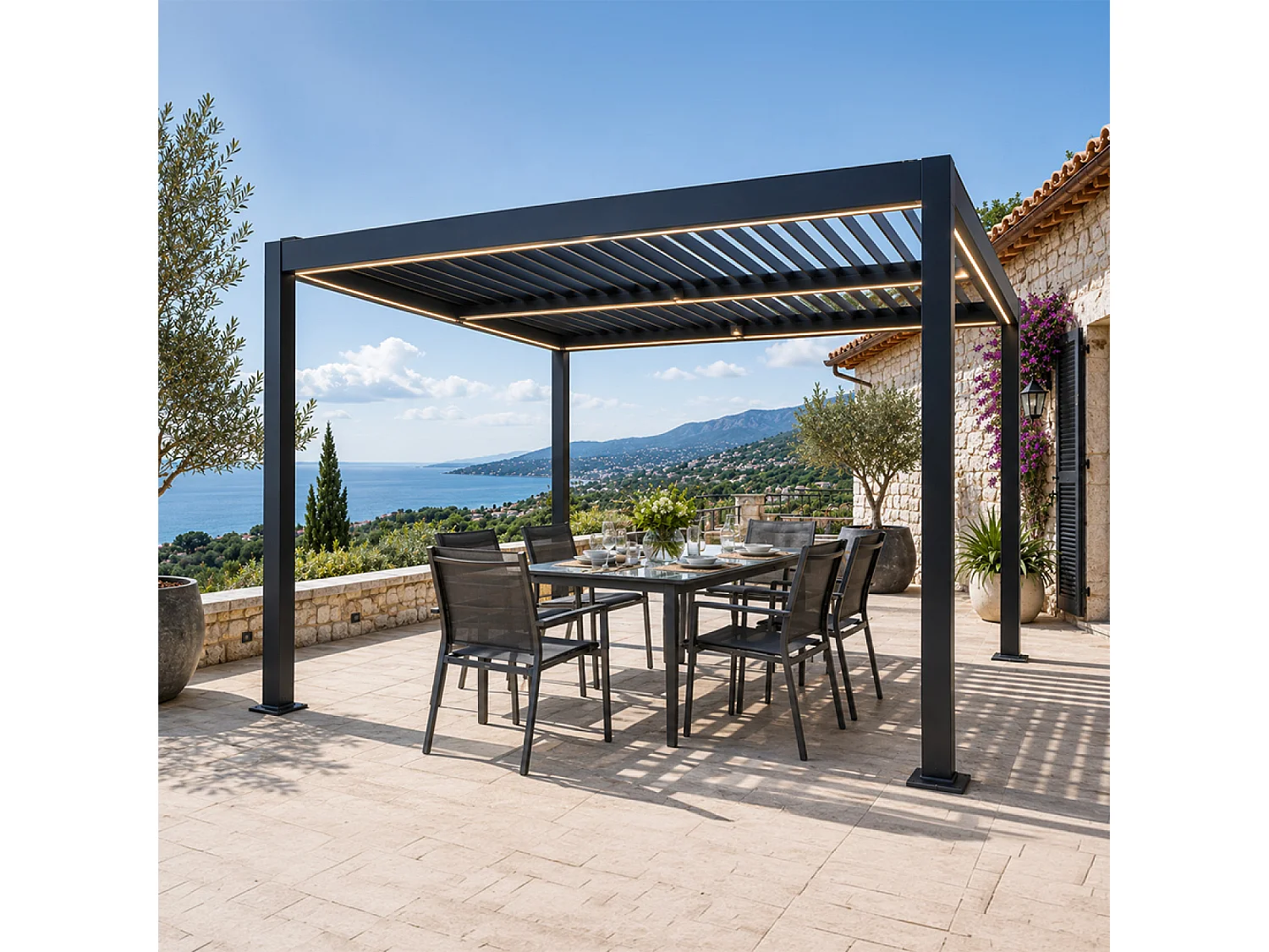 Pérgola Bioclimática LED 3x3m Estrutura de Alumínio Lâminas Ajustáveis CORFU Preto
