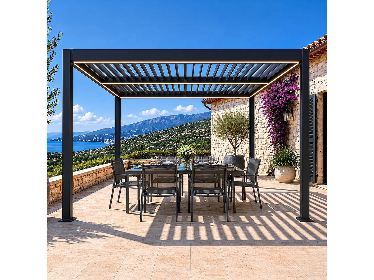 Pérgola Bioclimática LED 3x3m Estrutura de Alumínio Lâminas Ajustáveis CORFU Preto