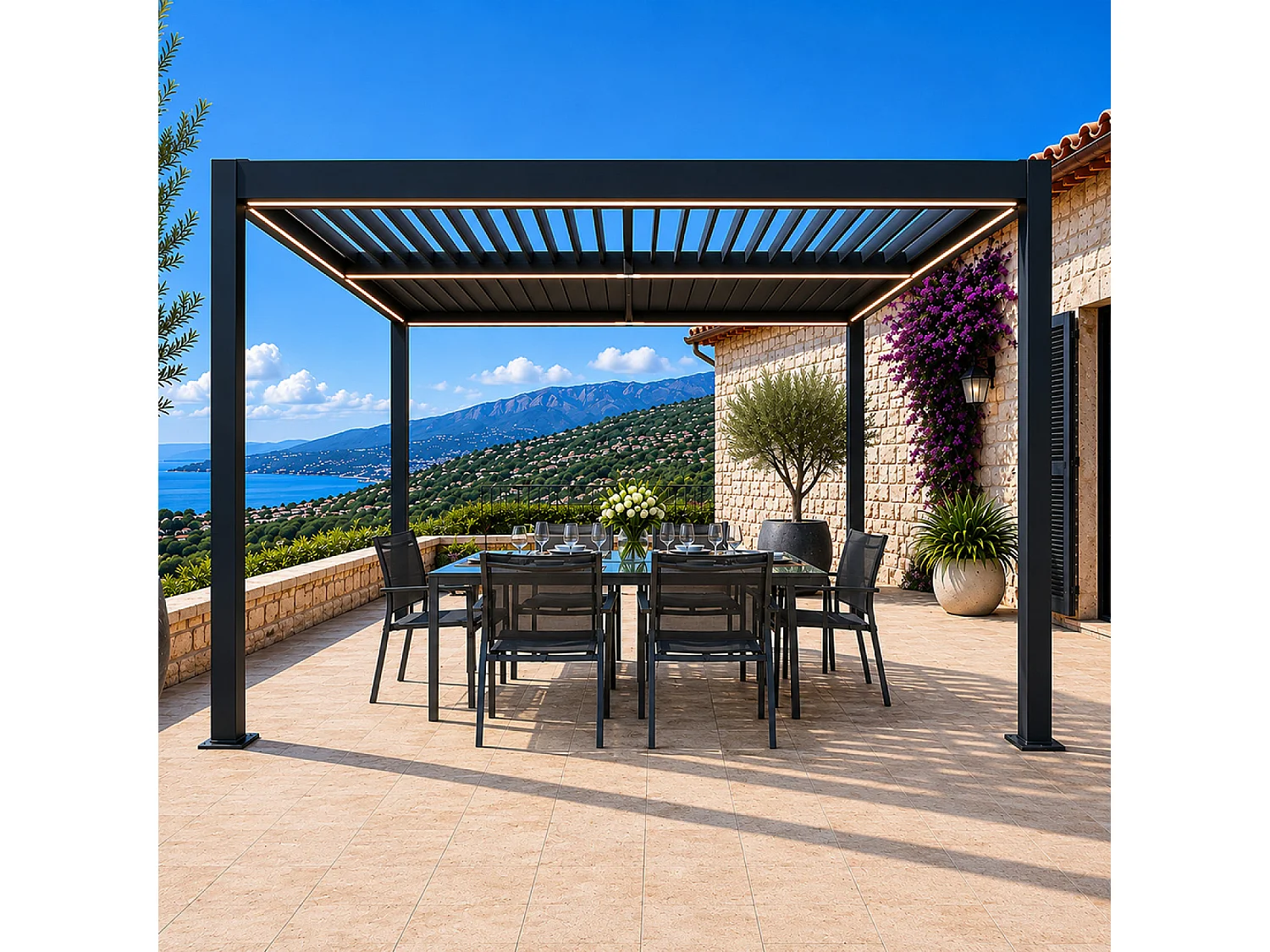 Pérgola Bioclimática LED 3x3m Estrutura de Alumínio Lâminas Ajustáveis CORFU Preto