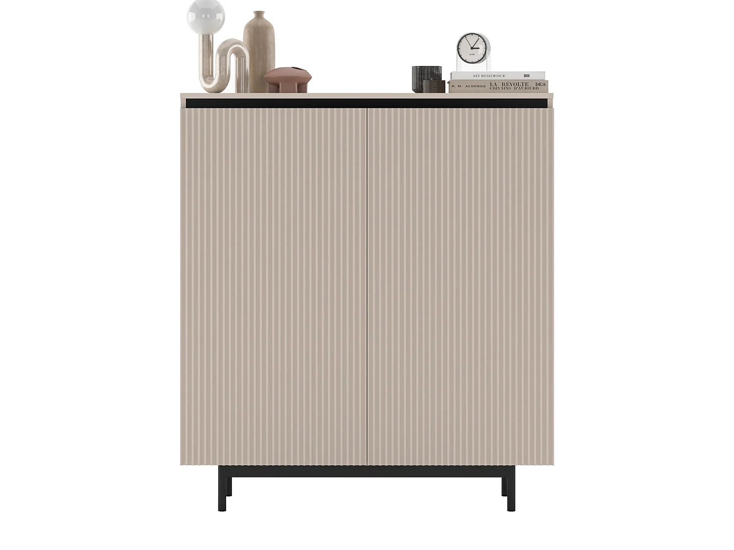 Commode à 2 portes – corps cachemire mat, façades rainurées cachemire mat – 111 cm, Cadre en métal noir