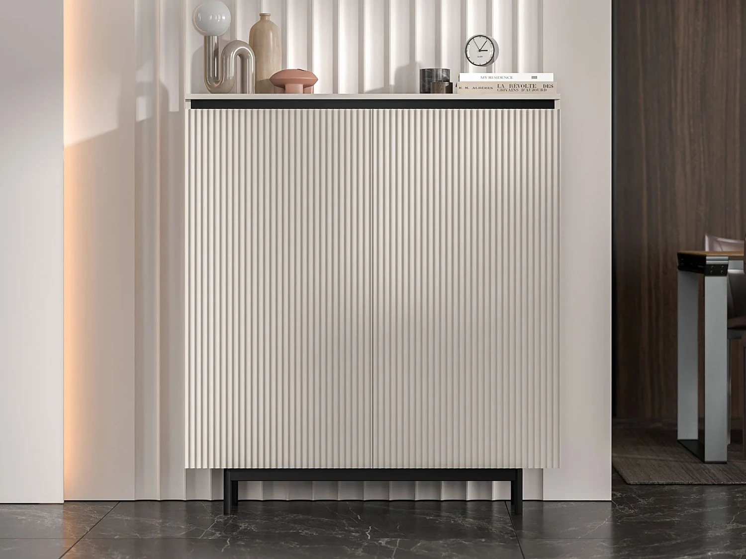 Commode à 2 portes – corps cachemire mat, façades rainurées cachemire mat – 111 cm, Cadre en métal noir