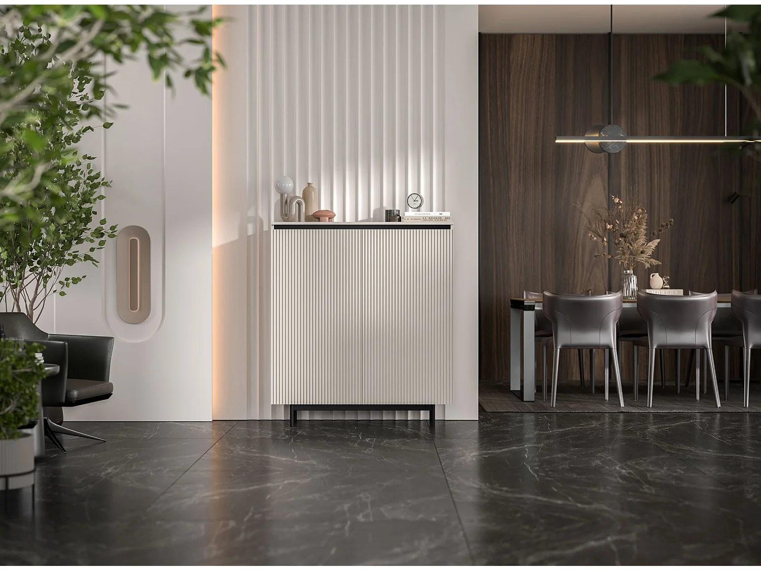 Commode à 2 portes – corps cachemire mat, façades rainurées cachemire mat – 111 cm, Cadre en métal noir