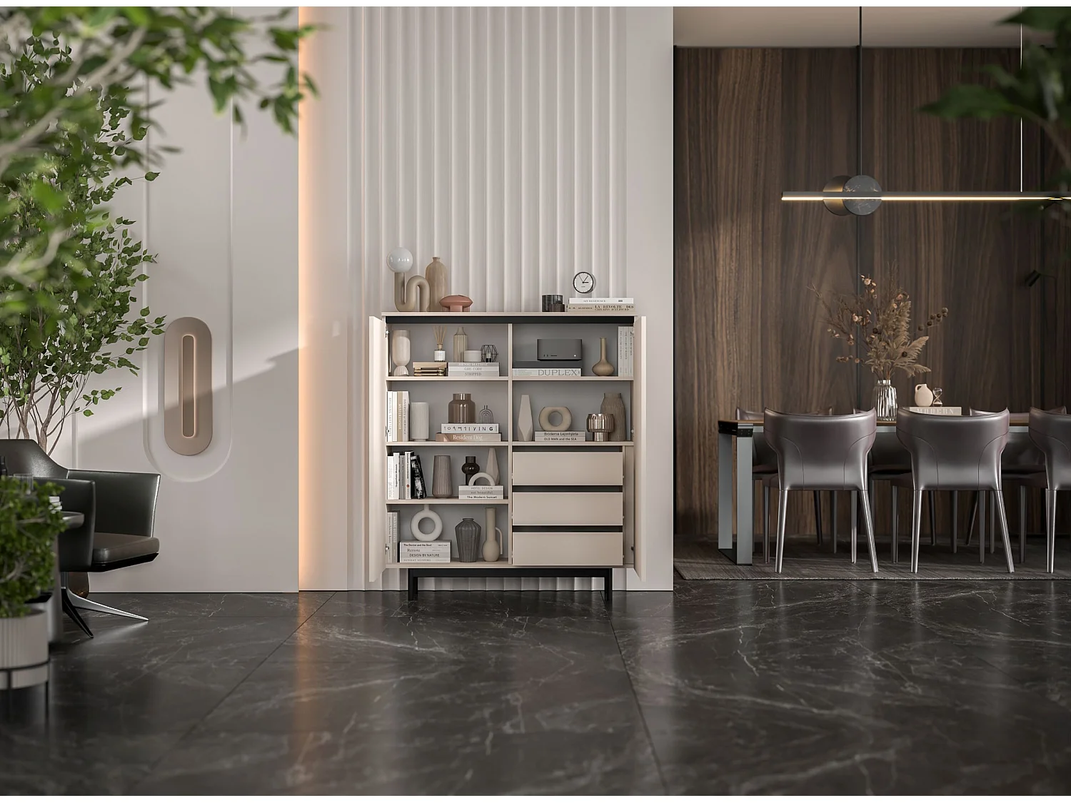 Commode à 2 portes – corps cachemire mat, façades rainurées cachemire mat – 111 cm, Cadre en métal noir