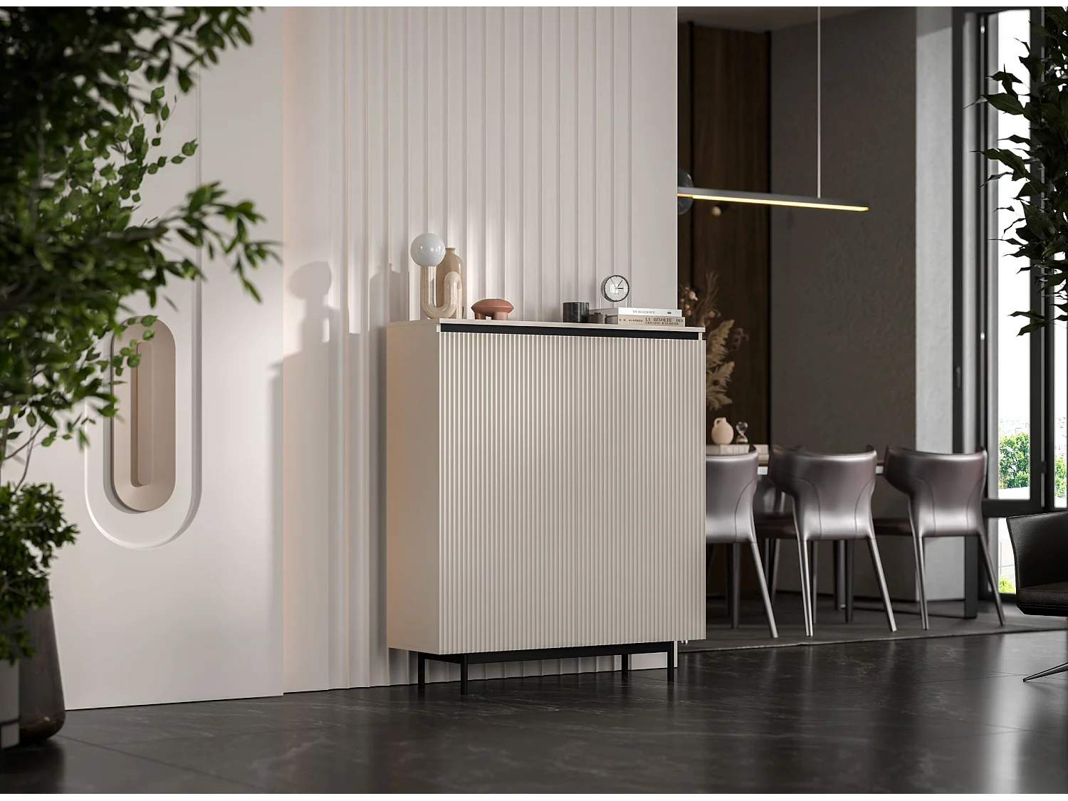 Commode à 2 portes – corps cachemire mat, façades rainurées cachemire mat – 111 cm, Cadre en métal noir