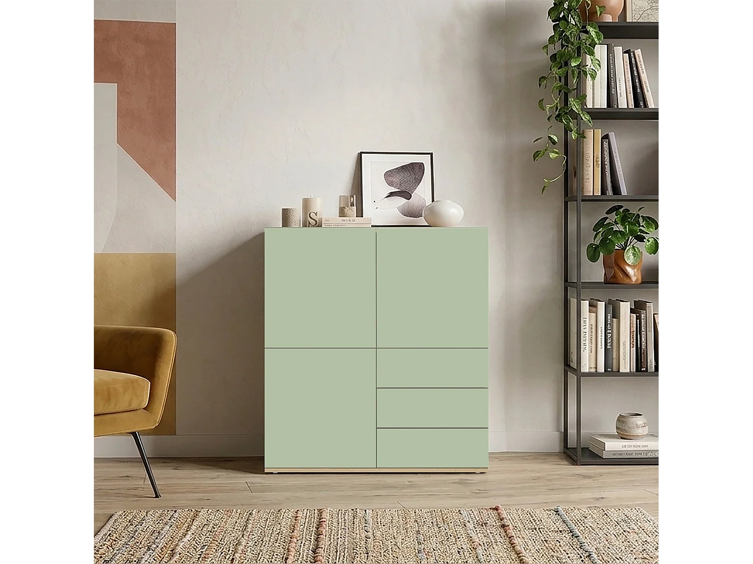 Buffet Moderne en Sauge Verte/Chêne avec 3 Portes et 3 Tiroirs 102x35x110 cm GARDA