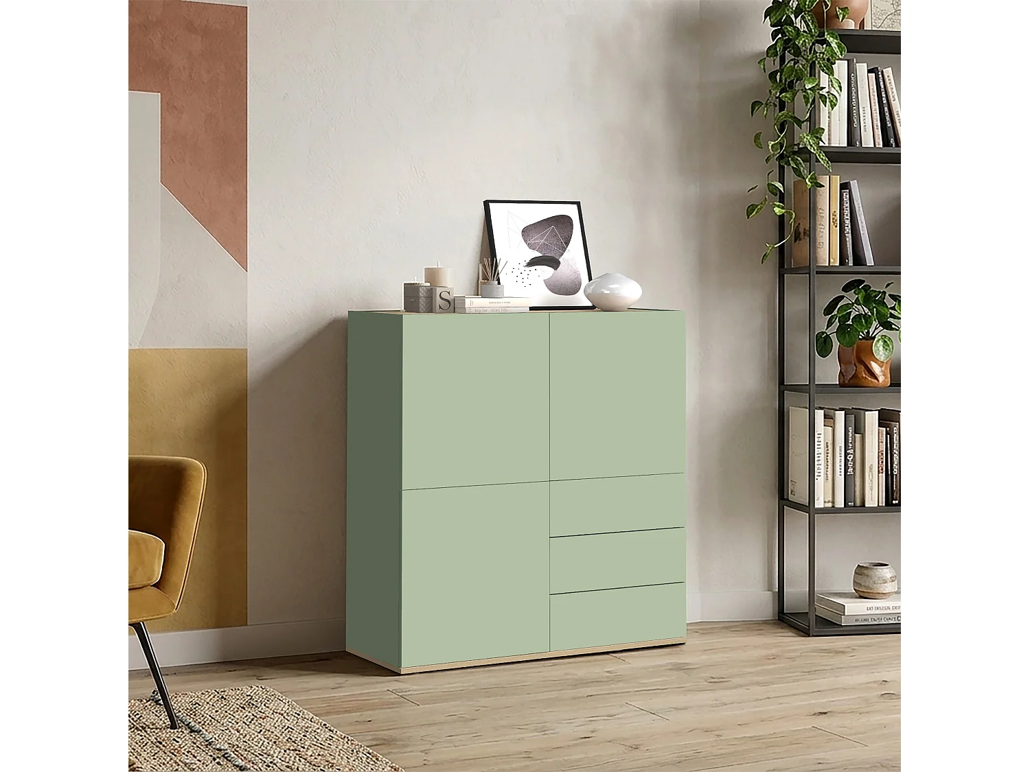 Buffet Moderne en Sauge Verte/Chêne avec 3 Portes et 3 Tiroirs 102x35x110 cm GARDA